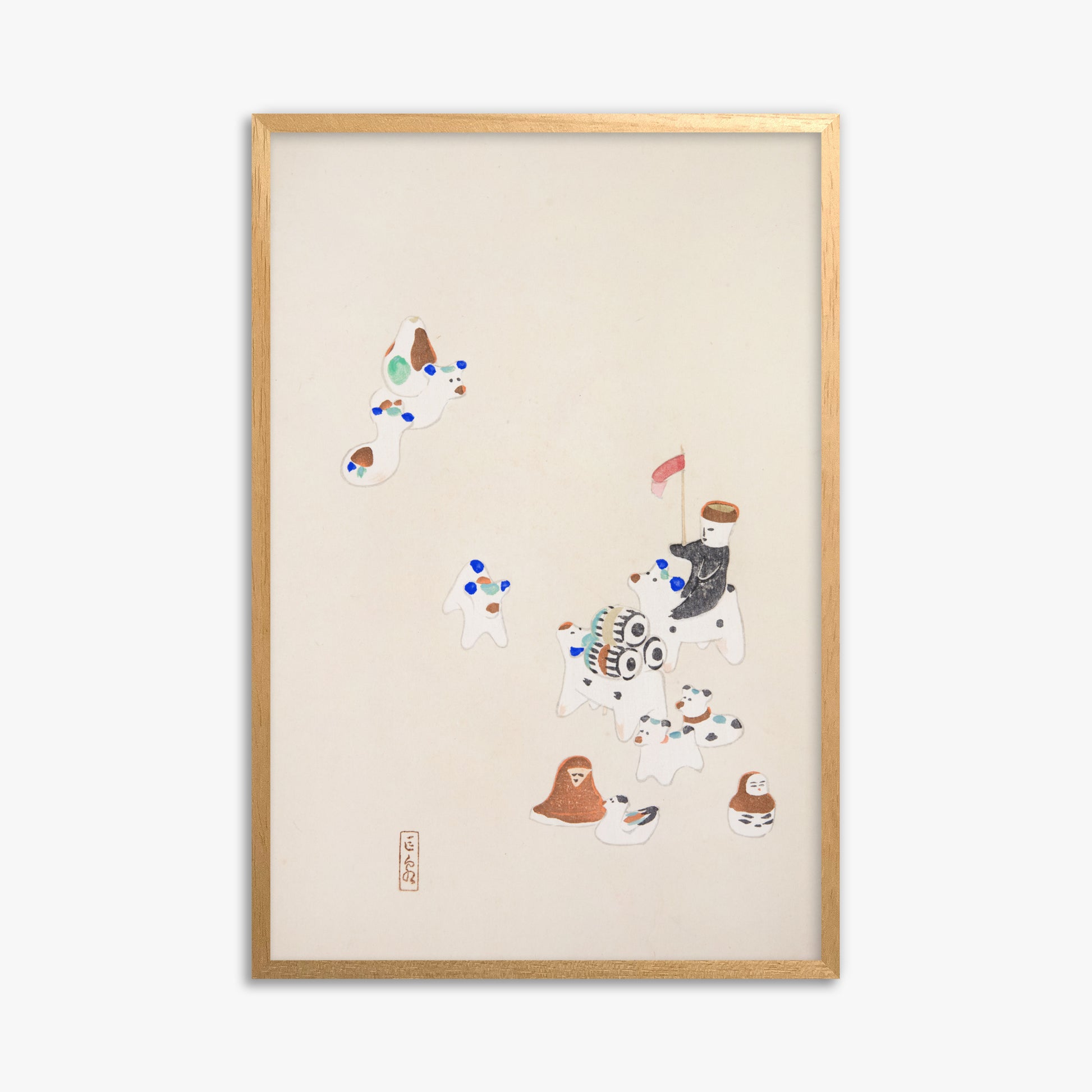 Kawasaki Kyosen: Kyosen’s Collected Illustrations of Japanese Toys Nr. 46 ("Whimsical Parade"), 61x91cm Framed Art Reproduction With Oak Frame