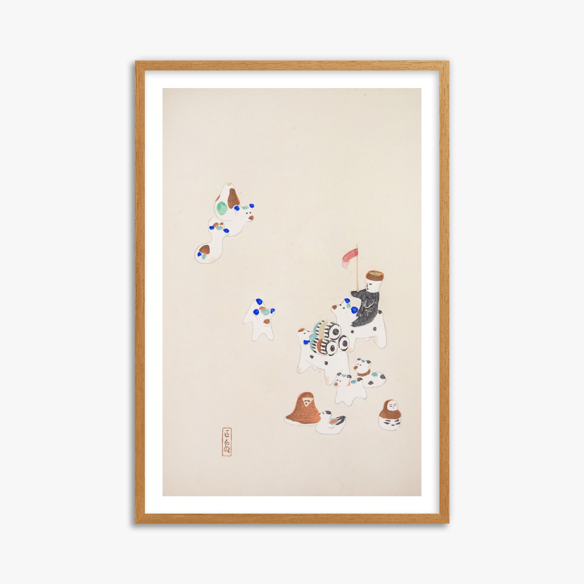 Kawasaki Kyosen: Kyosen’s Collected Illustrations of Japanese Toys Nr. 46 ("Whimsical Parade"), 61x91cm Framed Art Reproduction With Oak Frame