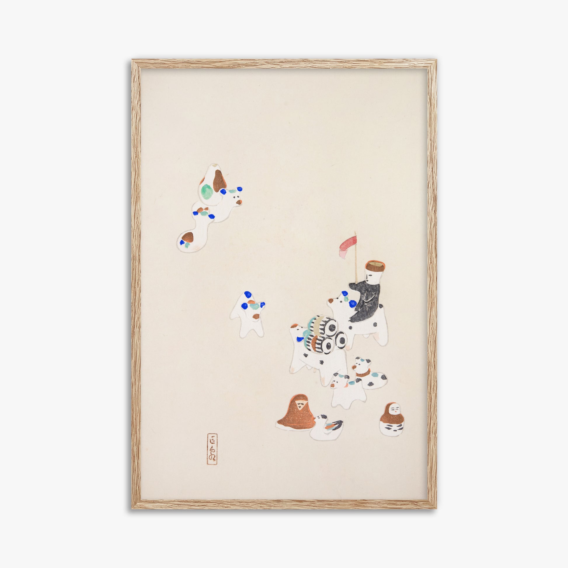 Kawasaki Kyosen: Kyosen’s Collected Illustrations of Japanese Toys Nr. 46 ("Whimsical Parade"), 61x91cm Framed Art Reproduction With Raw Oak Frame