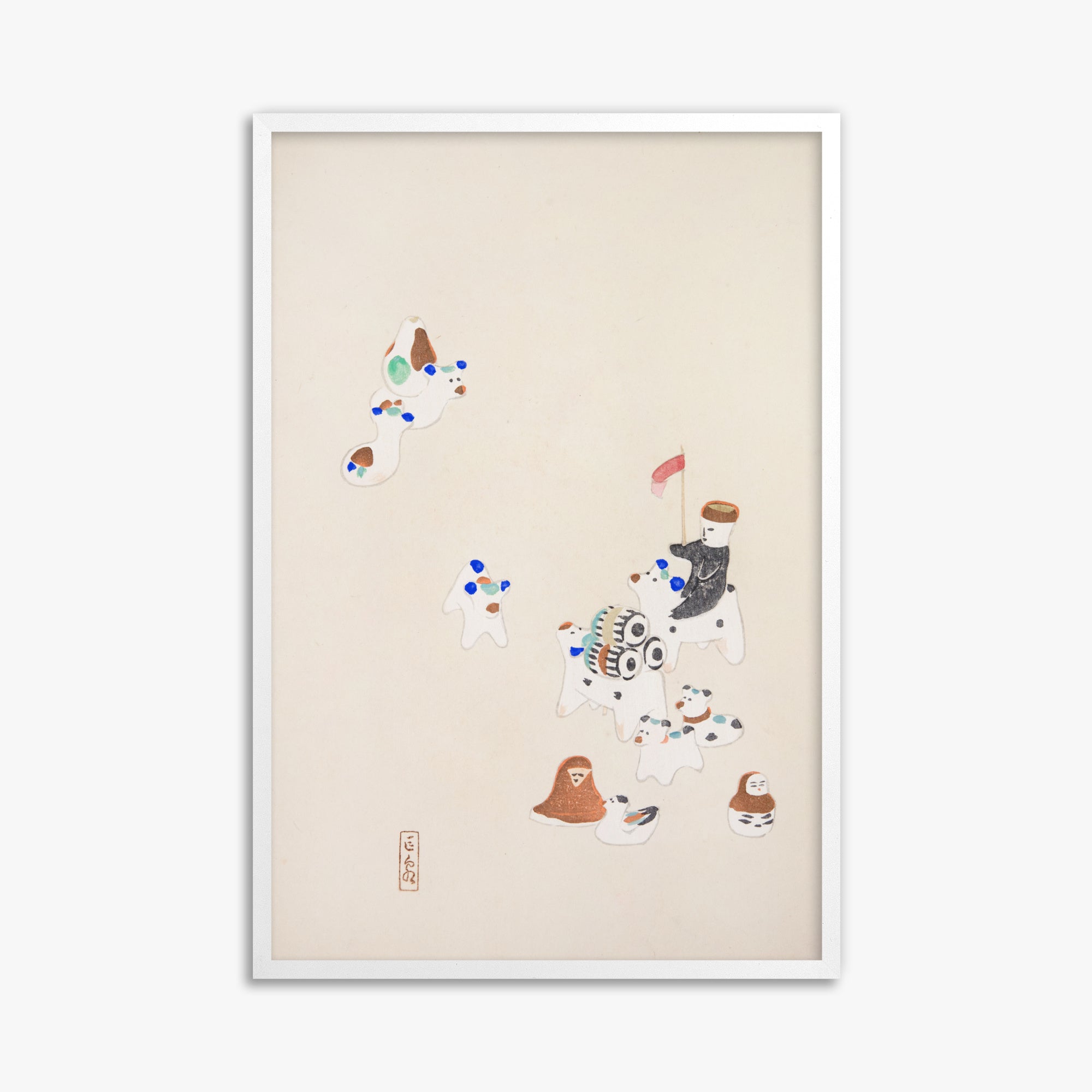 Kawasaki Kyosen: Kyosen’s Collected Illustrations of Japanese Toys Nr. 46 ("Whimsical Parade"), 61x91cm Framed Art Reproduction With White Frame