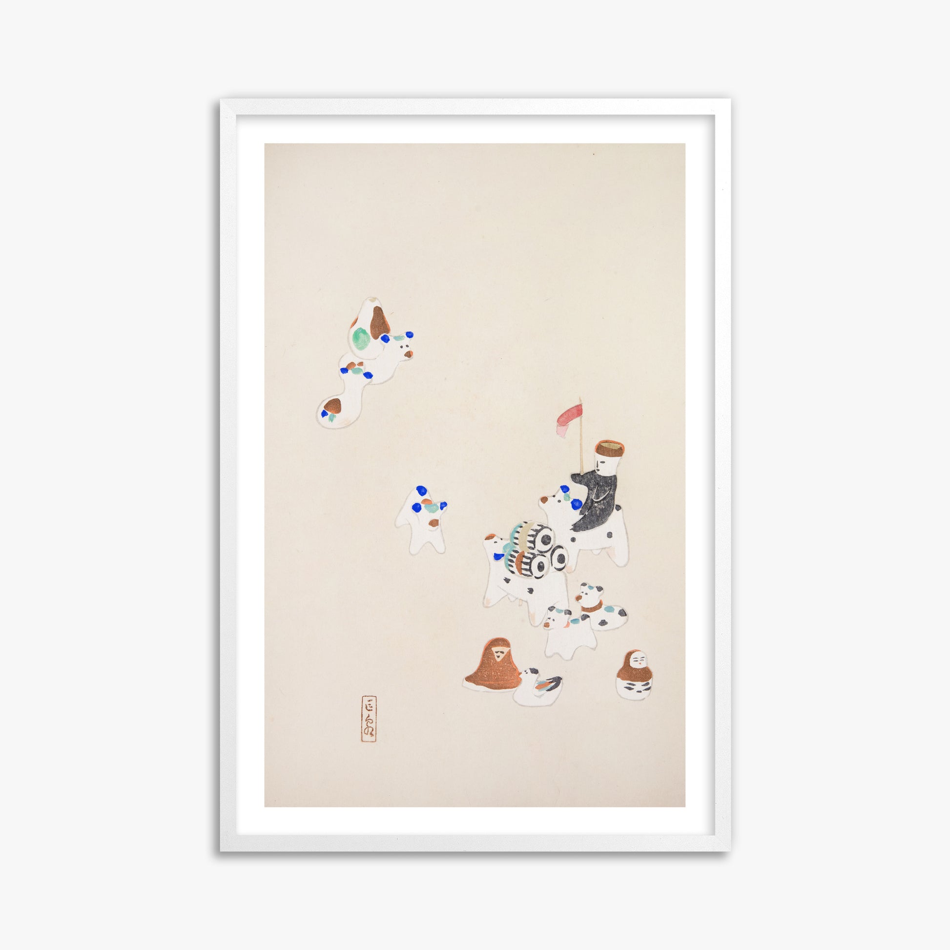 Kawasaki Kyosen: Kyosen’s Collected Illustrations of Japanese Toys Nr. 46 ("Whimsical Parade"), 61x91cm Framed Art Reproduction With White Frame