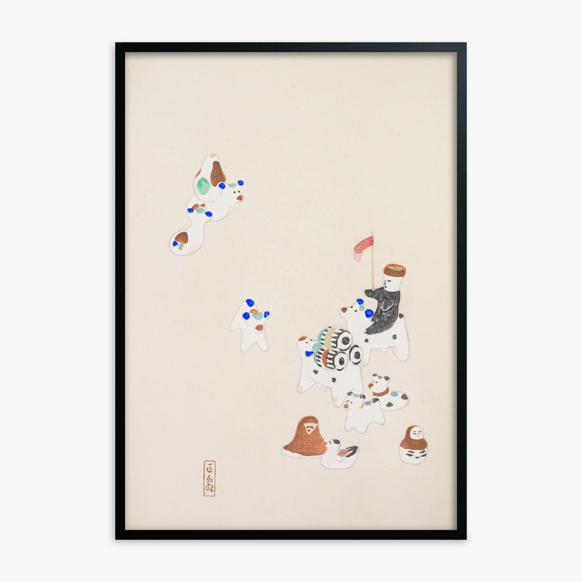 Kawasaki Kyosen: Kyosen’s Collected Illustrations of Japanese Toys Nr. 46 ("Whimsical Parade"), Black Framed Art Reproduction With Black Frame