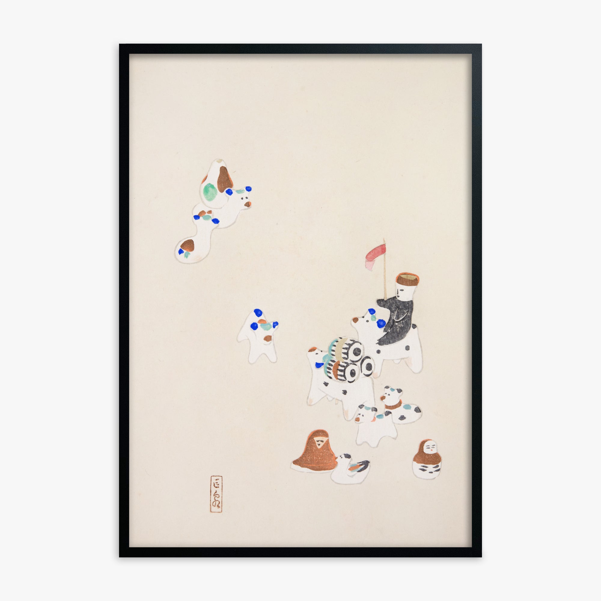 Kawasaki Kyosen: Kyosen’s Collected Illustrations of Japanese Toys Nr. 46 ("Whimsical Parade"), Black Framed Art Reproduction With Black Frame