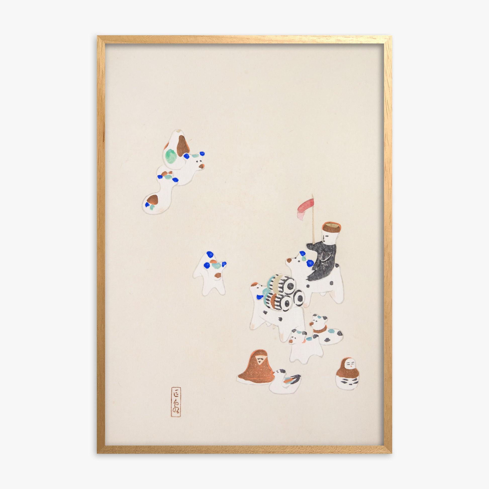 Kawasaki Kyosen: Kyosen’s Collected Illustrations of Japanese Toys Nr. 46 ("Whimsical Parade"), Oak Framed Art Reproduction With Oak Frame
