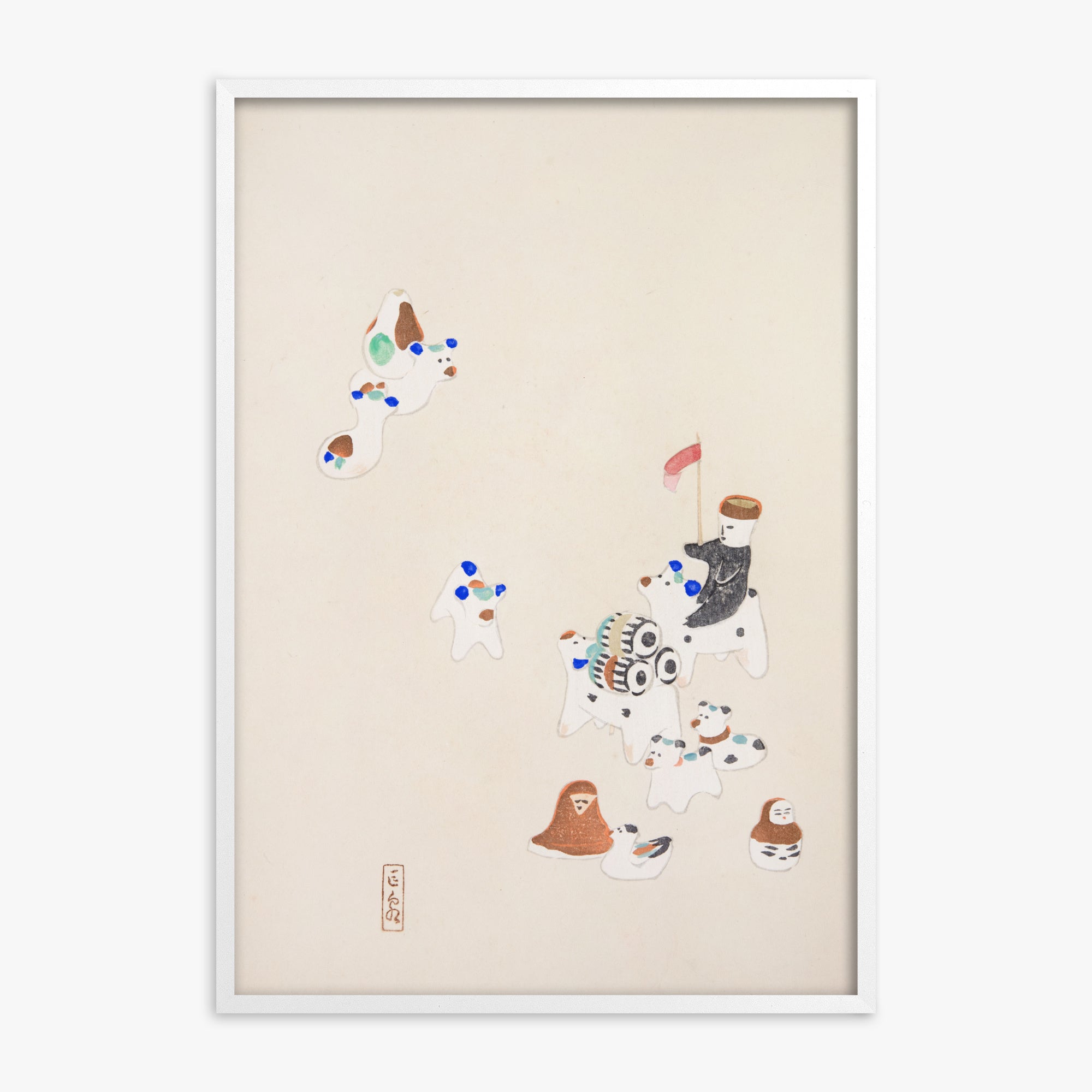 Kawasaki Kyosen: Kyosen’s Collected Illustrations of Japanese Toys Nr. 46 ("Whimsical Parade"), White Framed Art Reproduction With White Frame