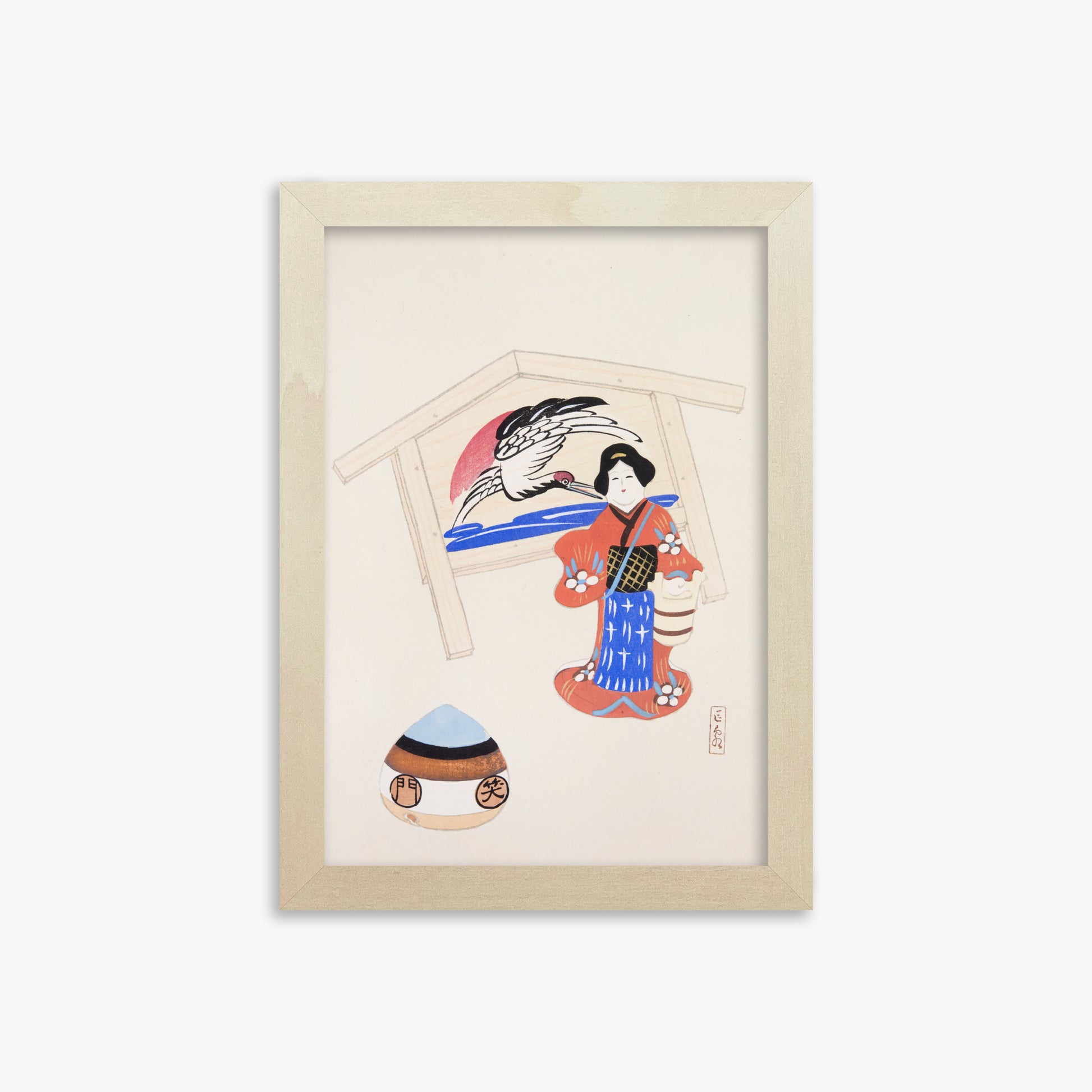 Kawasaki Kyosen: Kyosen’s Collected Illustrations of Japanese Toys Nr. 47 ("Serene Crane Harmony"), 21x30cm Framed Art Reproduction With Lime Wood Frame