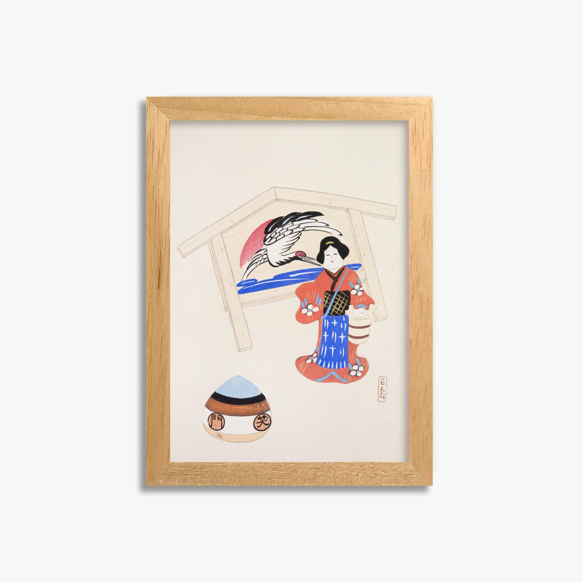 Kawasaki Kyosen: Kyosen’s Collected Illustrations of Japanese Toys Nr. 47 ("Serene Crane Harmony"), 21x30cm Framed Art Reproduction With Oak Frame