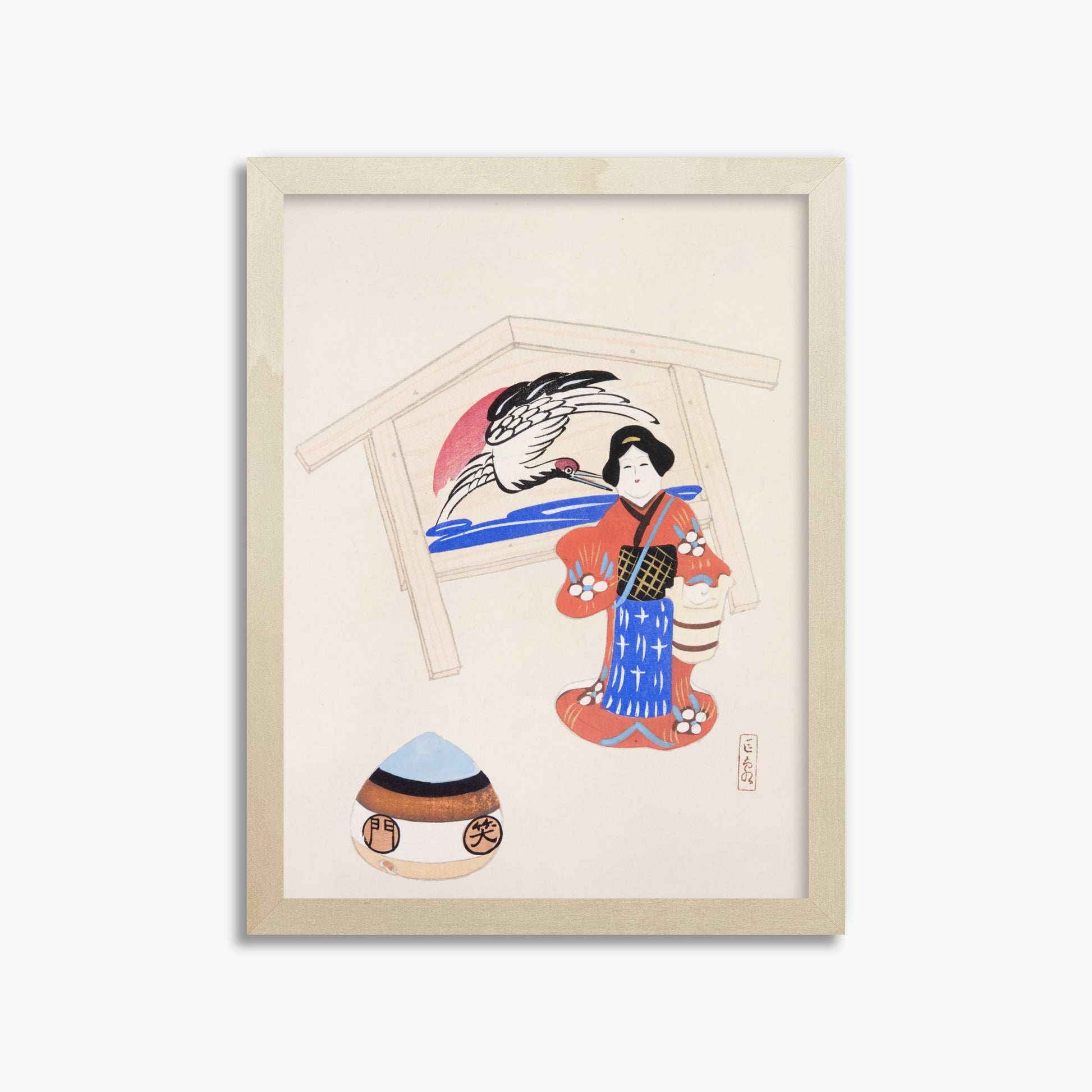 Kawasaki Kyosen: Kyosen’s Collected Illustrations of Japanese Toys Nr. 47 ("Serene Crane Harmony"), 30x40cm Framed Art Reproduction With Lime Wood Frame