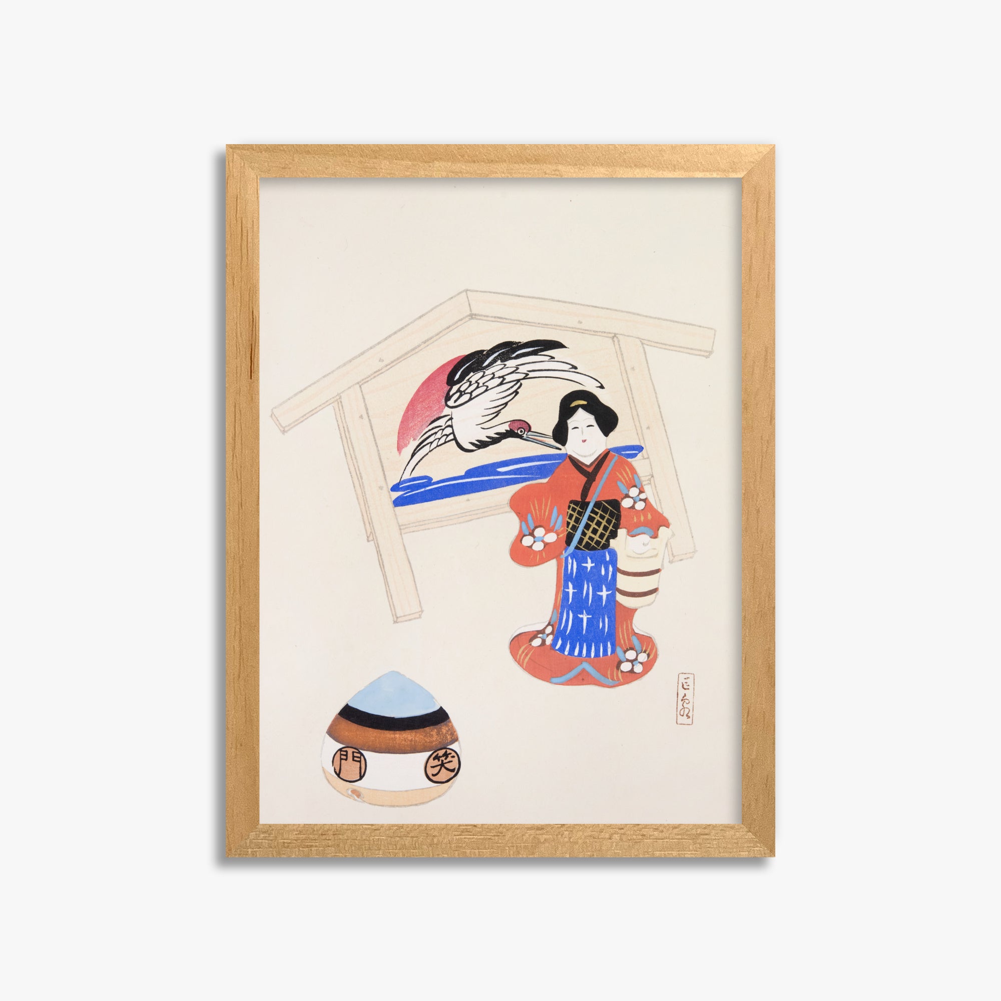 Kawasaki Kyosen: Kyosen’s Collected Illustrations of Japanese Toys Nr. 47 ("Serene Crane Harmony"), 30x40cm Framed Art Reproduction With Oak Frame