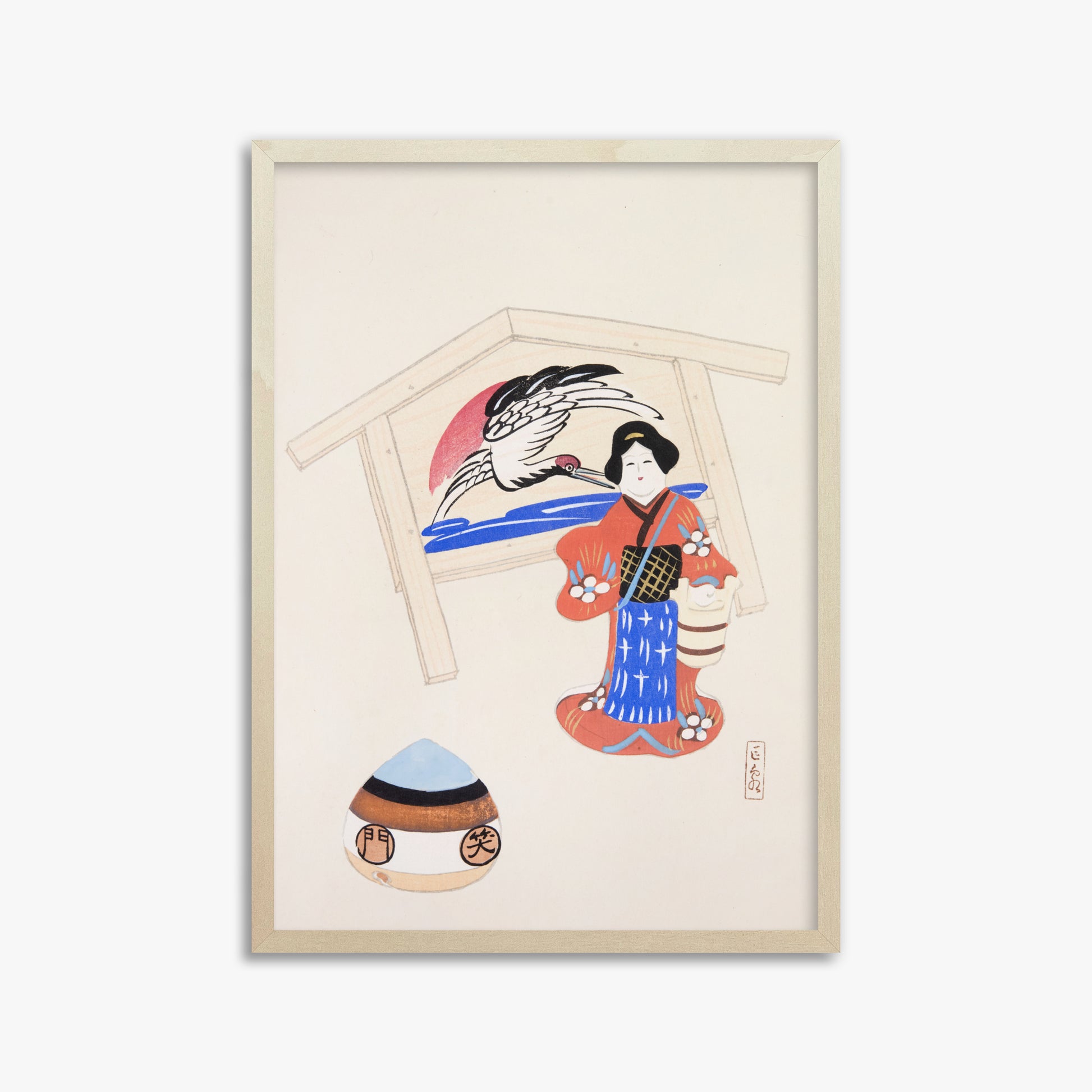 Kawasaki Kyosen: Kyosen’s Collected Illustrations of Japanese Toys Nr. 47 ("Serene Crane Harmony"), 50x70cm Framed Art Reproduction With Lime Wood Frame