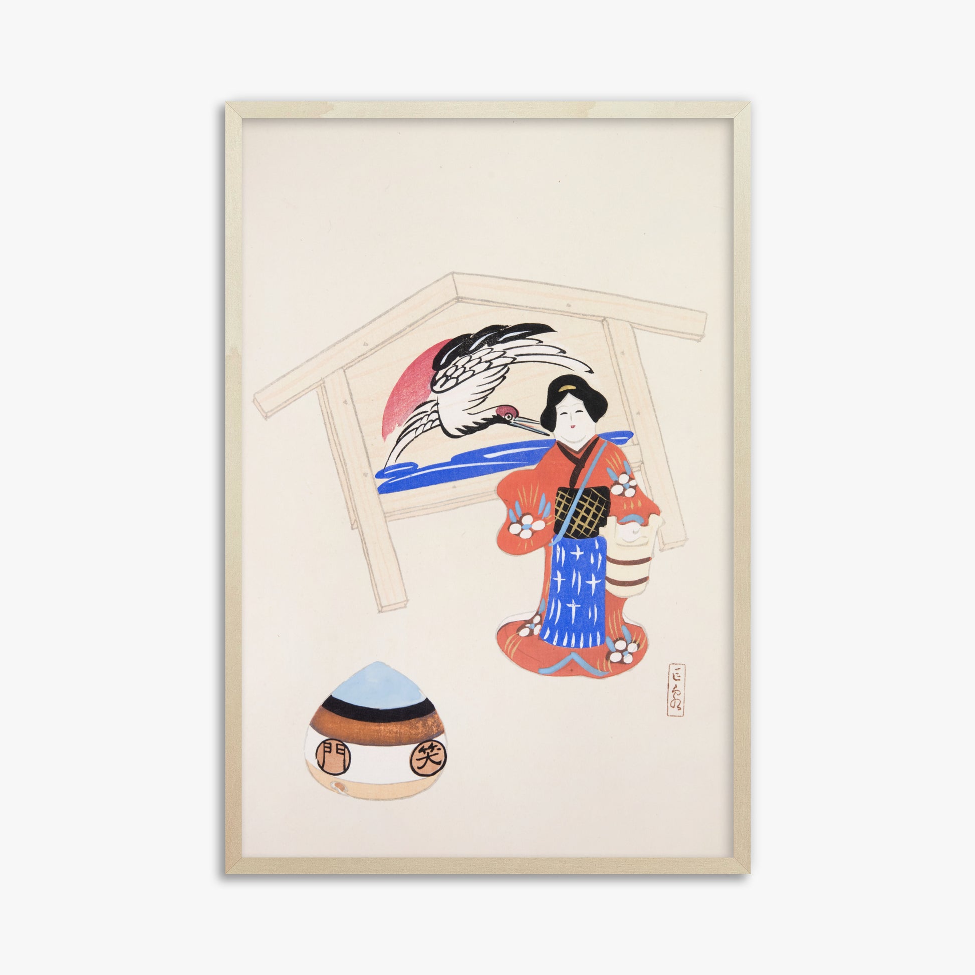 Kawasaki Kyosen: Kyosen’s Collected Illustrations of Japanese Toys Nr. 47 ("Serene Crane Harmony"), 61x91cm Framed Art Reproduction With Lime Wood Frame
