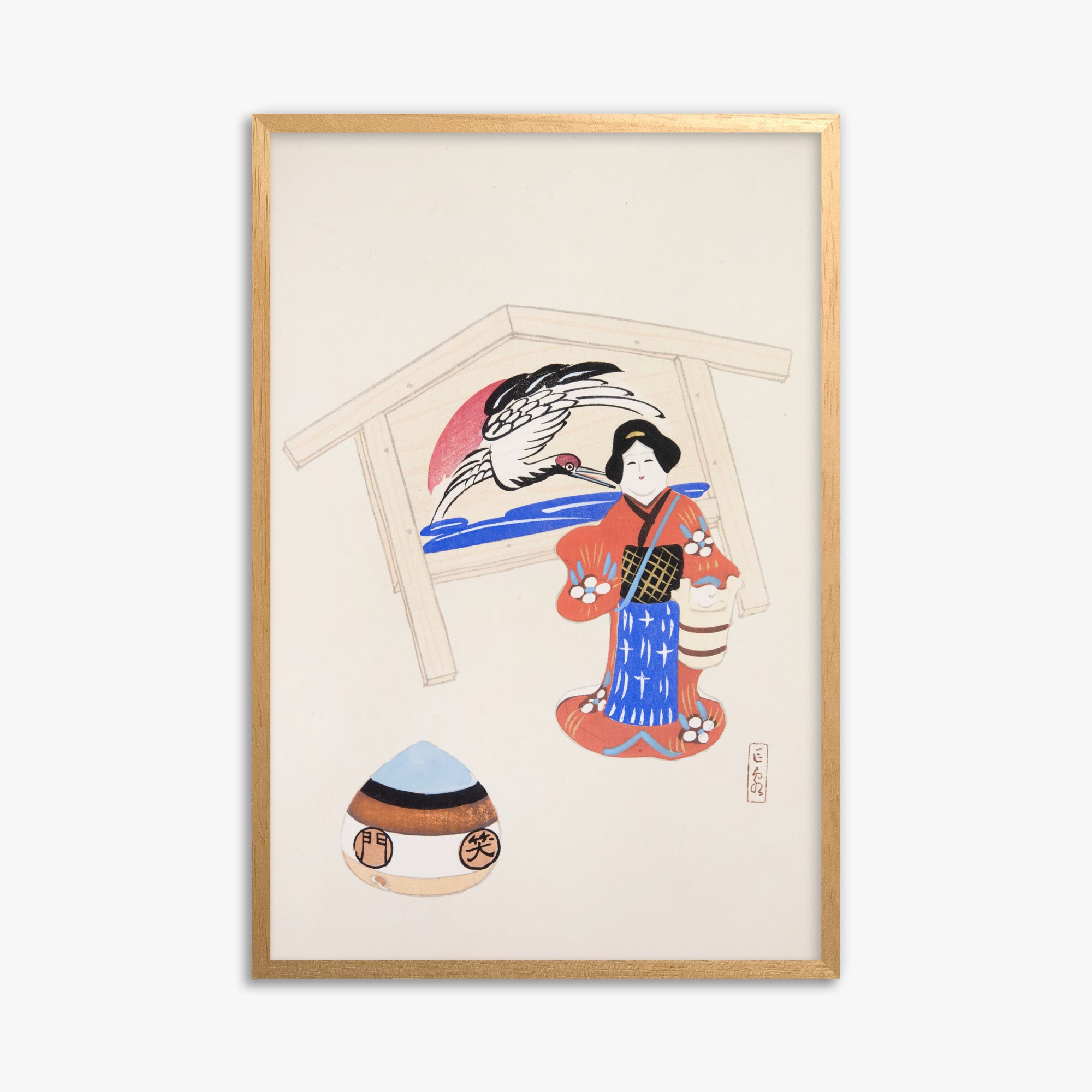 Kawasaki Kyosen: Kyosen’s Collected Illustrations of Japanese Toys Nr. 47 ("Serene Crane Harmony"), 61x91cm Framed Art Reproduction With Oak Frame