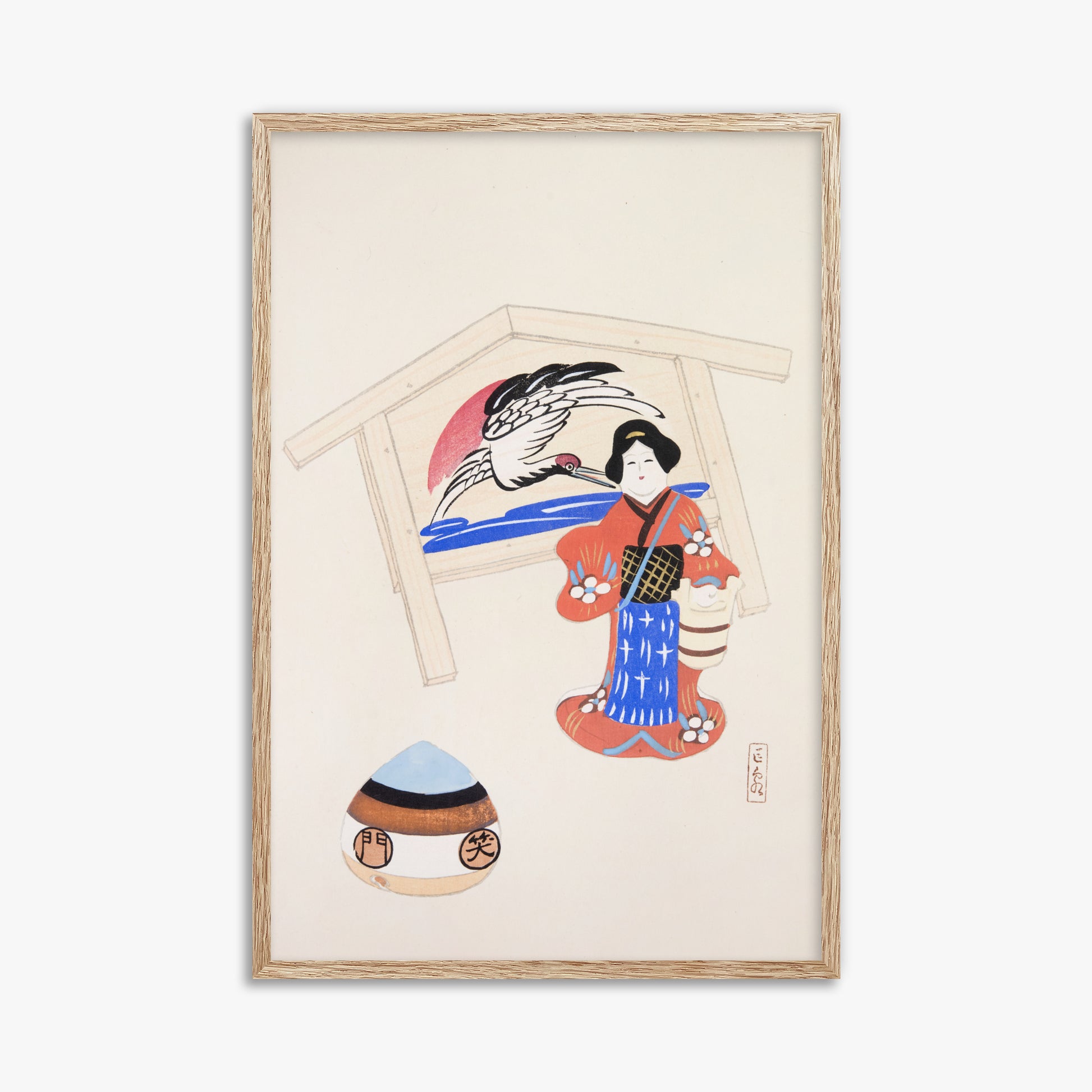 Kawasaki Kyosen: Kyosen’s Collected Illustrations of Japanese Toys Nr. 47 ("Serene Crane Harmony"), 61x91cm Framed Art Reproduction With Raw Oak Frame