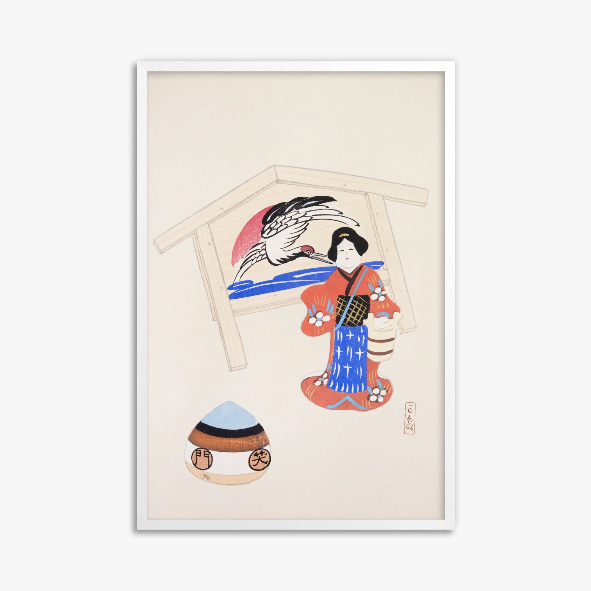 Kawasaki Kyosen: Kyosen’s Collected Illustrations of Japanese Toys Nr. 47 ("Serene Crane Harmony"), 61x91cm Framed Art Reproduction With White Frame