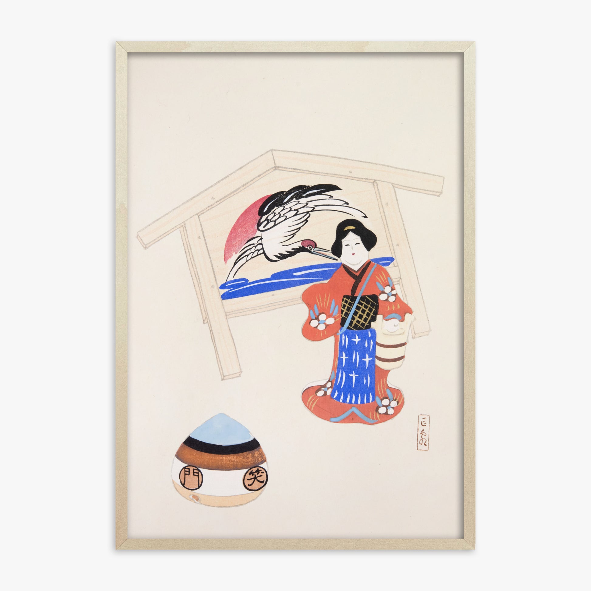Kawasaki Kyosen: Kyosen’s Collected Illustrations of Japanese Toys Nr. 47 ("Serene Crane Harmony"), 70x100cm Framed Art Reproduction With Lime Wood Frame