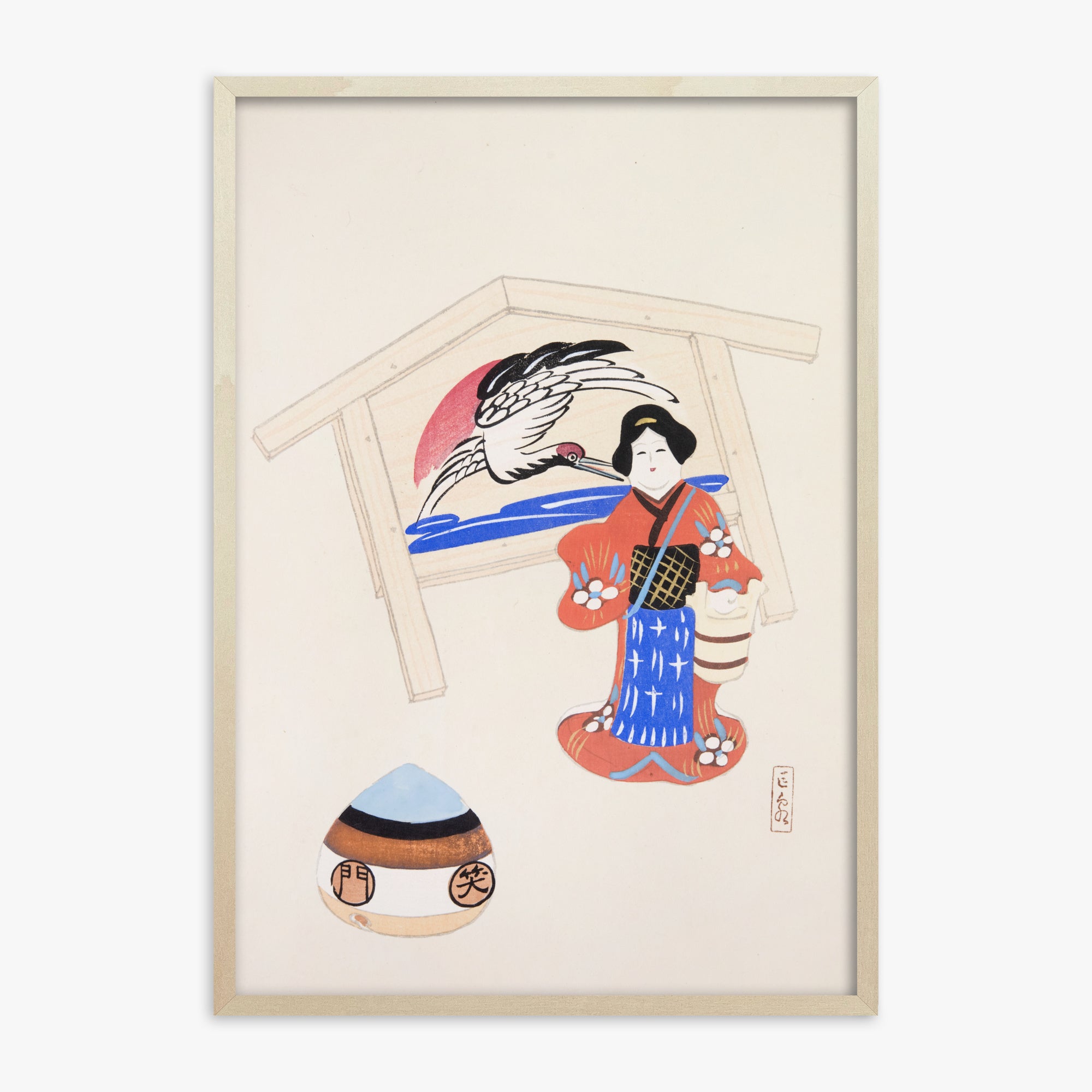 Kawasaki Kyosen: Kyosen’s Collected Illustrations of Japanese Toys Nr. 47 ("Serene Crane Harmony"), 70x100cm Framed Art Reproduction With Lime Wood Frame