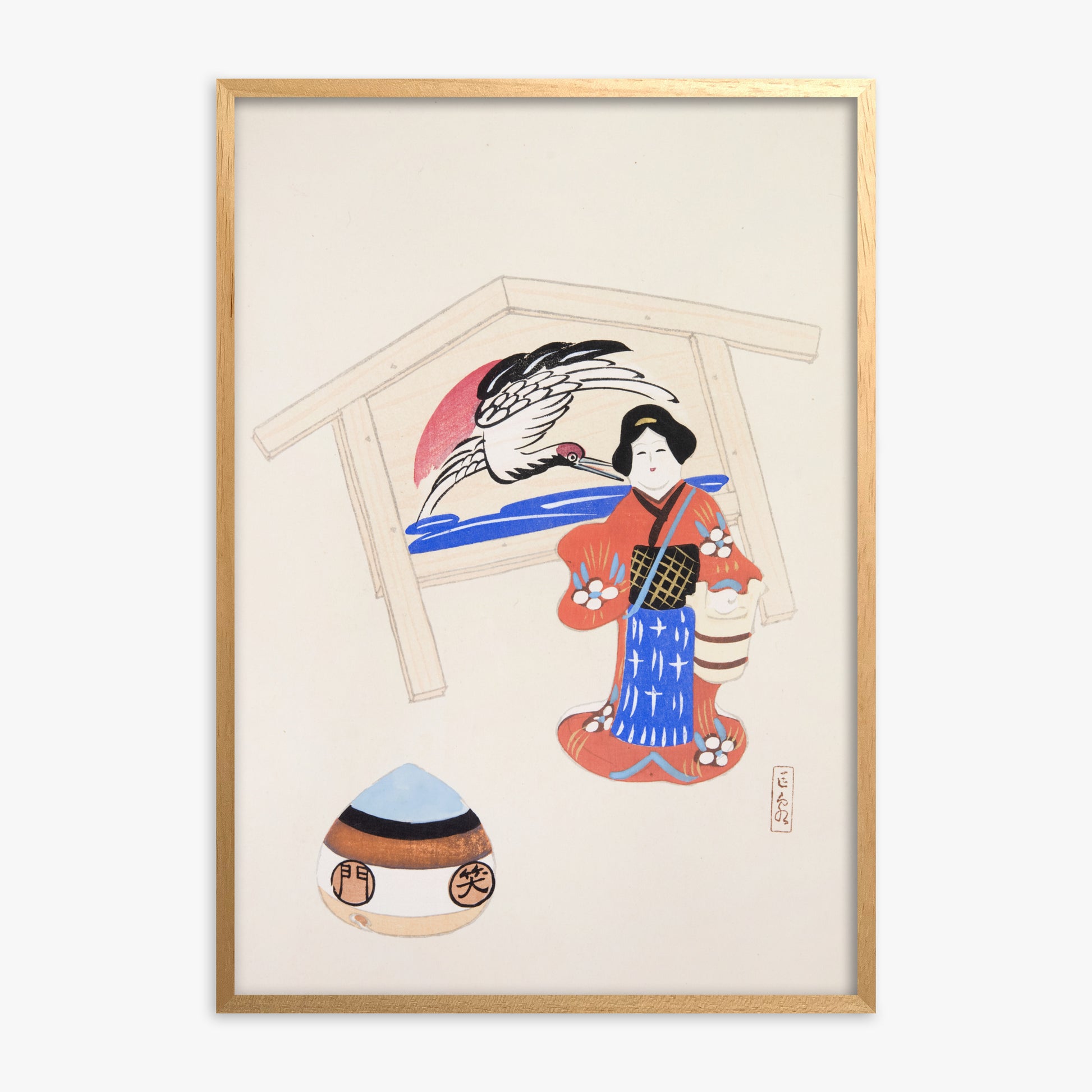 Kawasaki Kyosen: Kyosen’s Collected Illustrations of Japanese Toys Nr. 47 ("Serene Crane Harmony"), Oak Framed Art Reproduction With Oak Frame