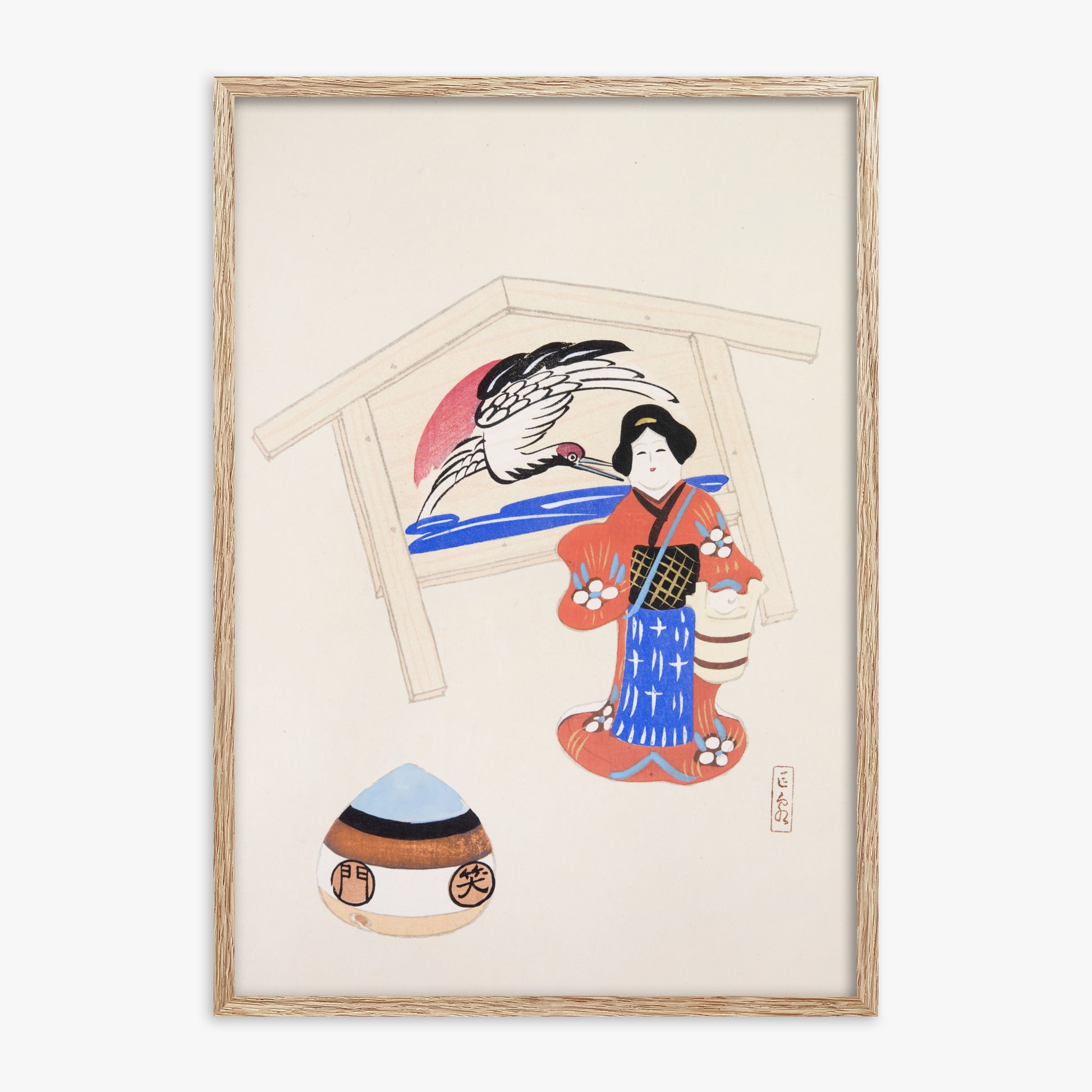 Kawasaki Kyosen: Kyosen’s Collected Illustrations of Japanese Toys Nr. 47 ("Serene Crane Harmony"), 70x100cm Framed Art Reproduction With Raw Oak Frame