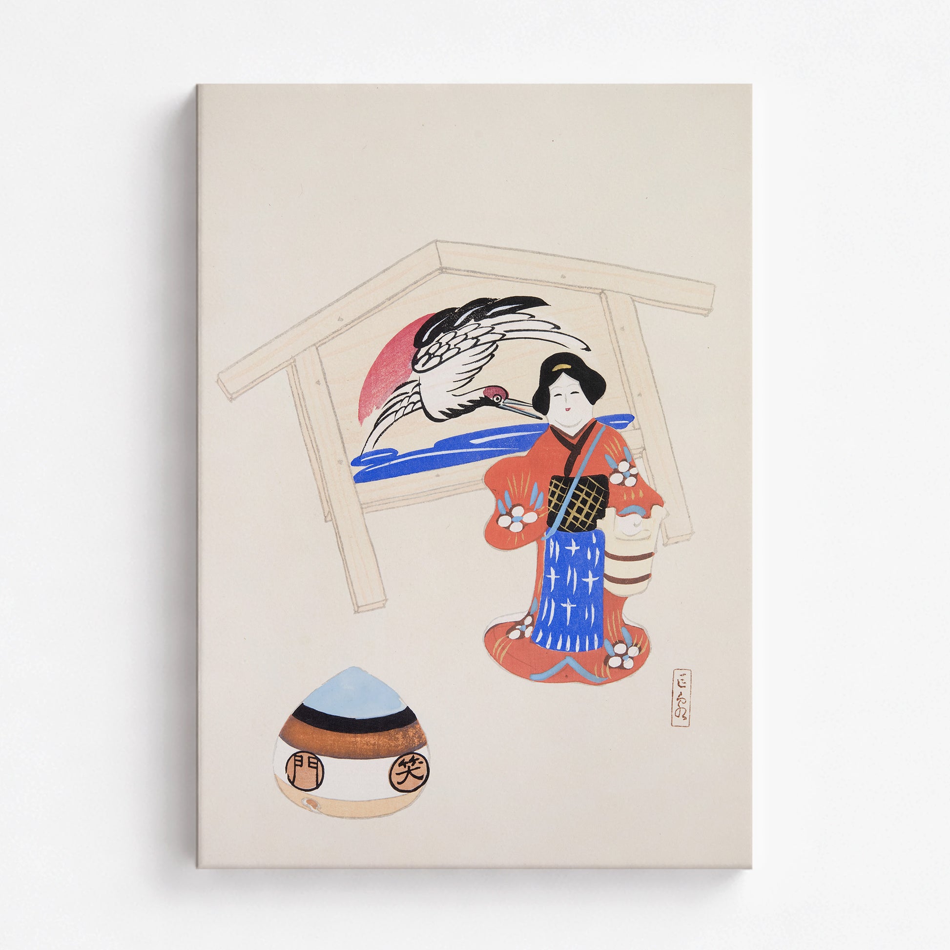 Kawasaki Kyosen: Kyosen’s Collected Illustrations of Japanese Toys Nr. 47 ("Serene Crane Harmony"), 70x100cm Satin Canvas Art Reproduction