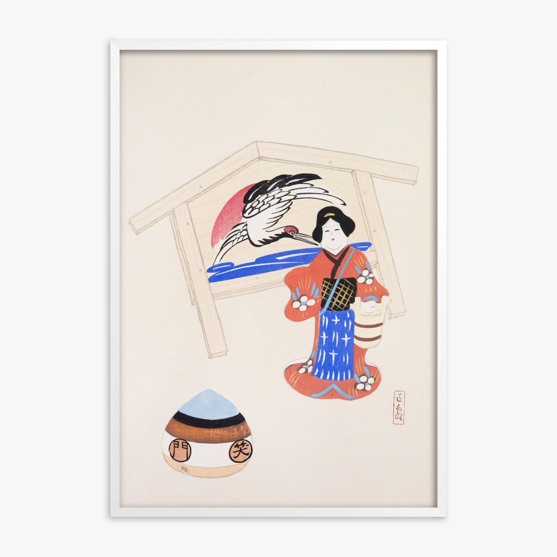 Kawasaki Kyosen: Kyosen’s Collected Illustrations of Japanese Toys Nr. 47 ("Serene Crane Harmony"), White Framed Art Reproduction With White Frame