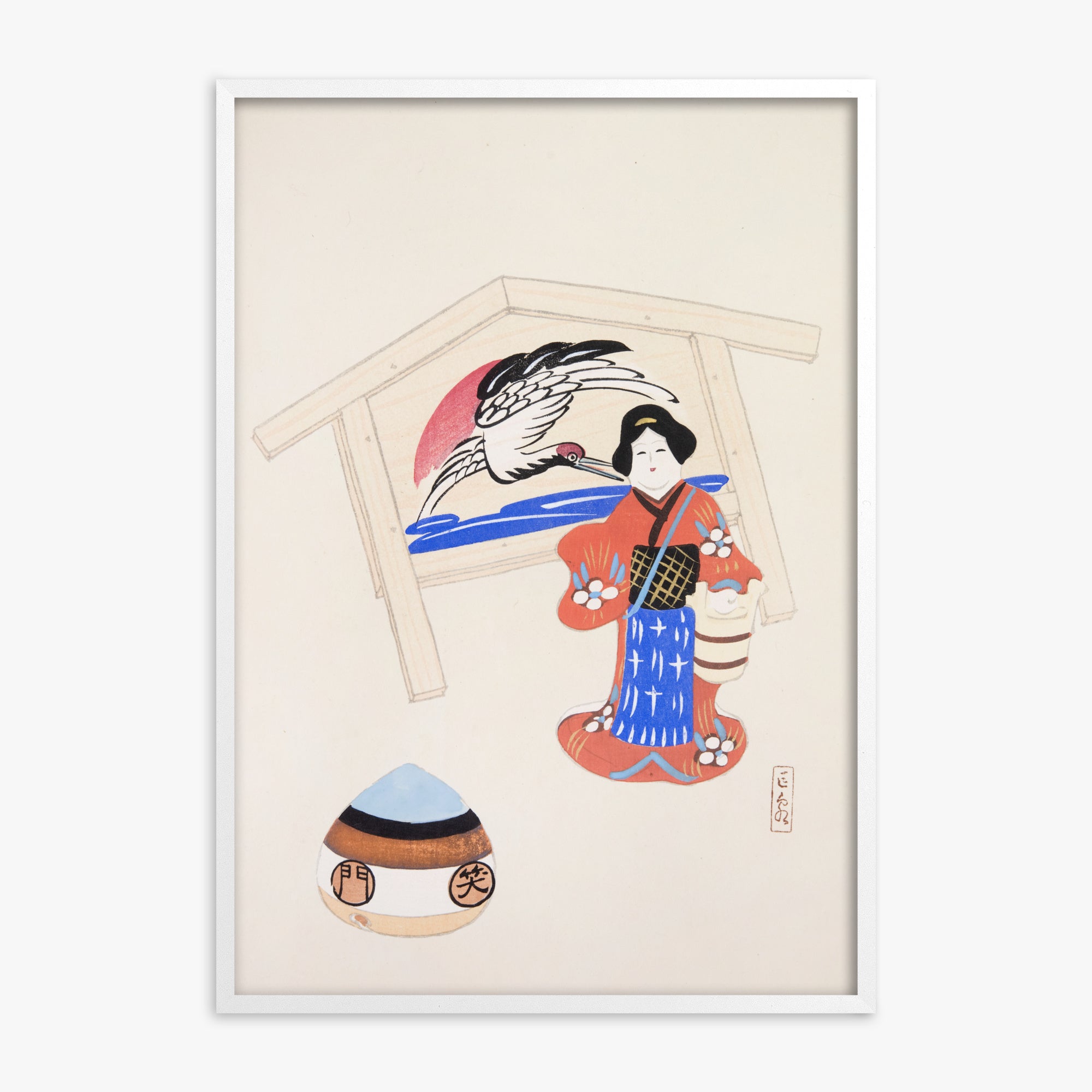 Kawasaki Kyosen: Kyosen’s Collected Illustrations of Japanese Toys Nr. 47 ("Serene Crane Harmony"), White Framed Art Reproduction With White Frame
