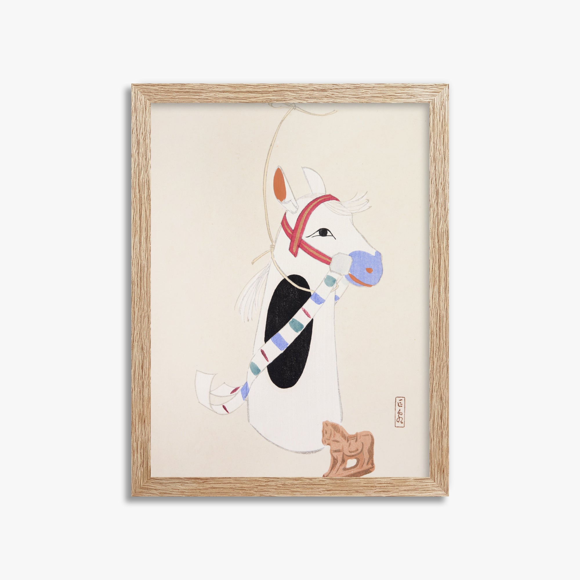 Kawasaki Kyosen: Kyosen’s Collected Illustrations of Japanese Toys Nr. 48 ("Ornate Equine Folklore"), 30x40cm Framed Art Reproduction With Raw Oak Frame