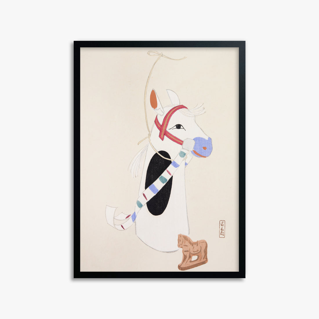 Kawasaki Kyosen: Kyosen’s Collected Illustrations of Japanese Toys Nr. 48 ("Ornate Equine Folklore"), 50x70cm Framed Art Reproduction With Black Frame