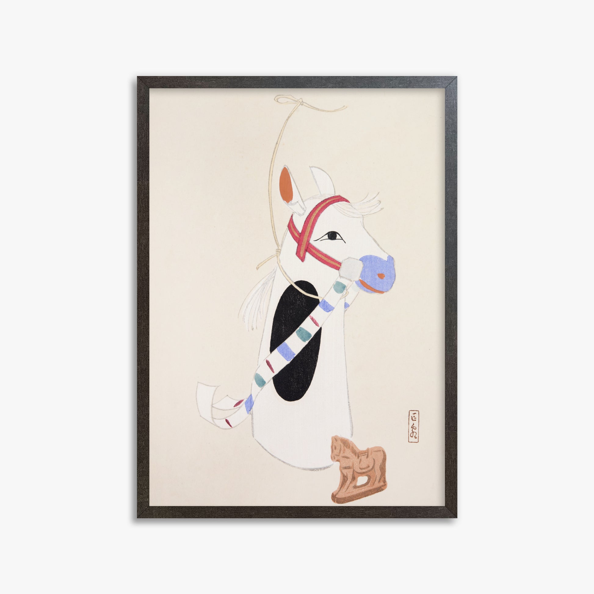 Kawasaki Kyosen: Kyosen’s Collected Illustrations of Japanese Toys Nr. 48 ("Ornate Equine Folklore"), 50x70cm Framed Art Reproduction With Espresso Frame