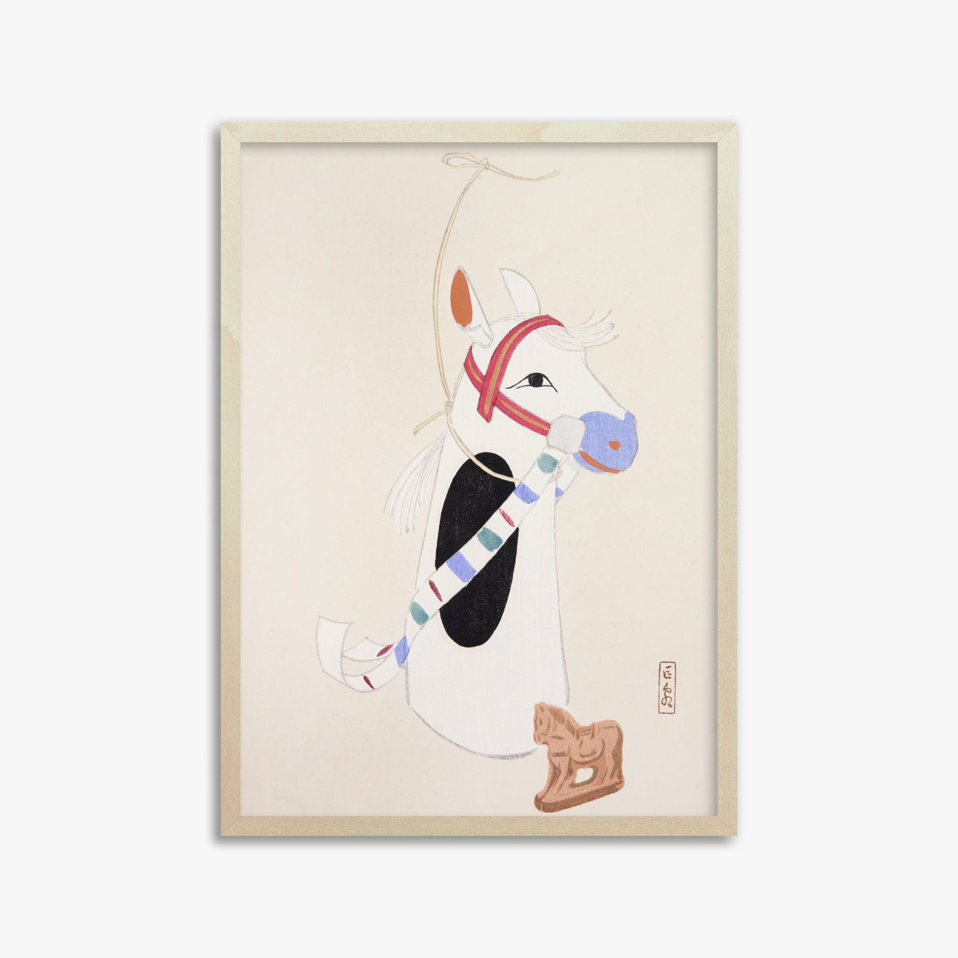 Kawasaki Kyosen: Kyosen’s Collected Illustrations of Japanese Toys Nr. 48 ("Ornate Equine Folklore"), 50x70cm Framed Art Reproduction With Lime Wood Frame