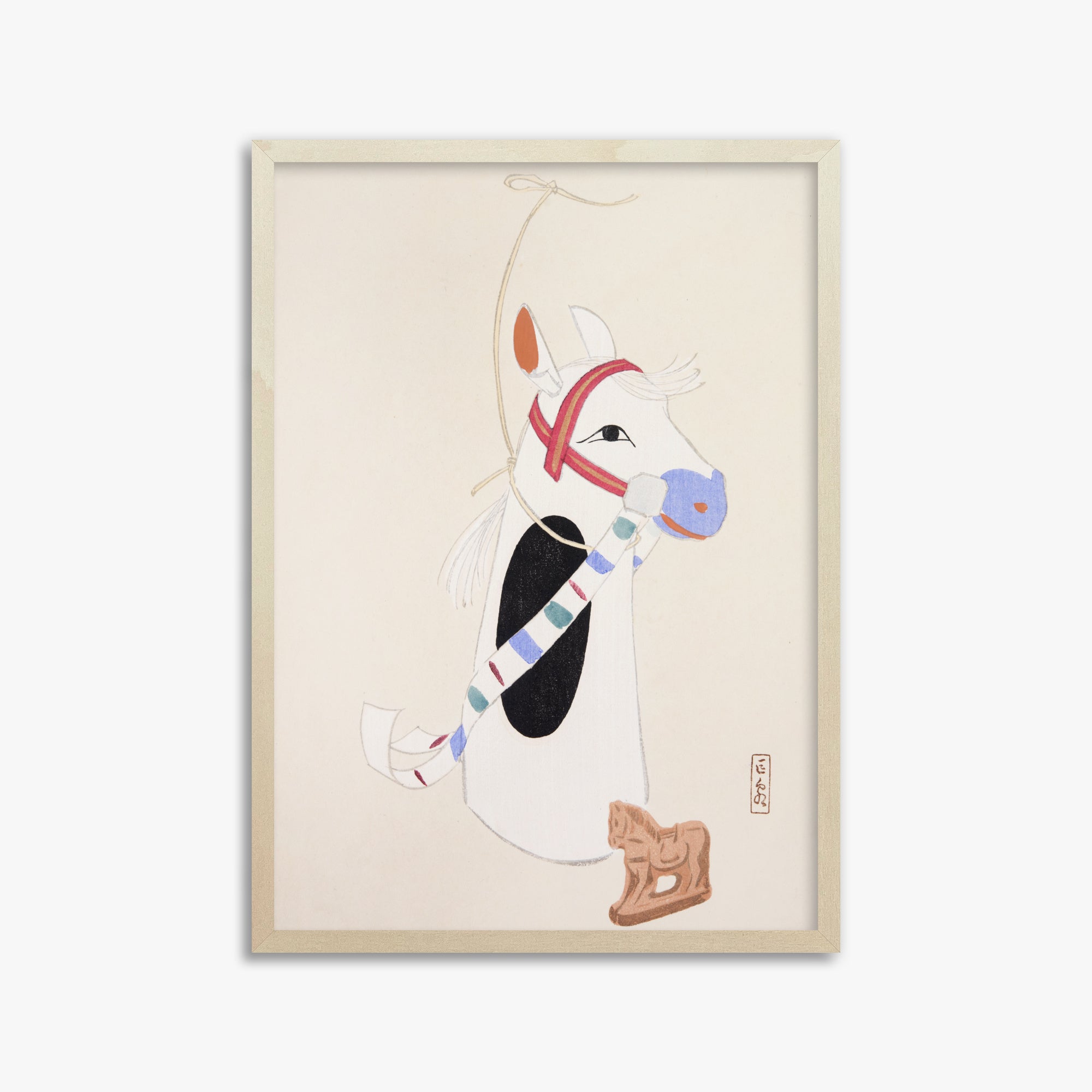 Kawasaki Kyosen: Kyosen’s Collected Illustrations of Japanese Toys Nr. 48 ("Ornate Equine Folklore"), 50x70cm Framed Art Reproduction With Lime Wood Frame