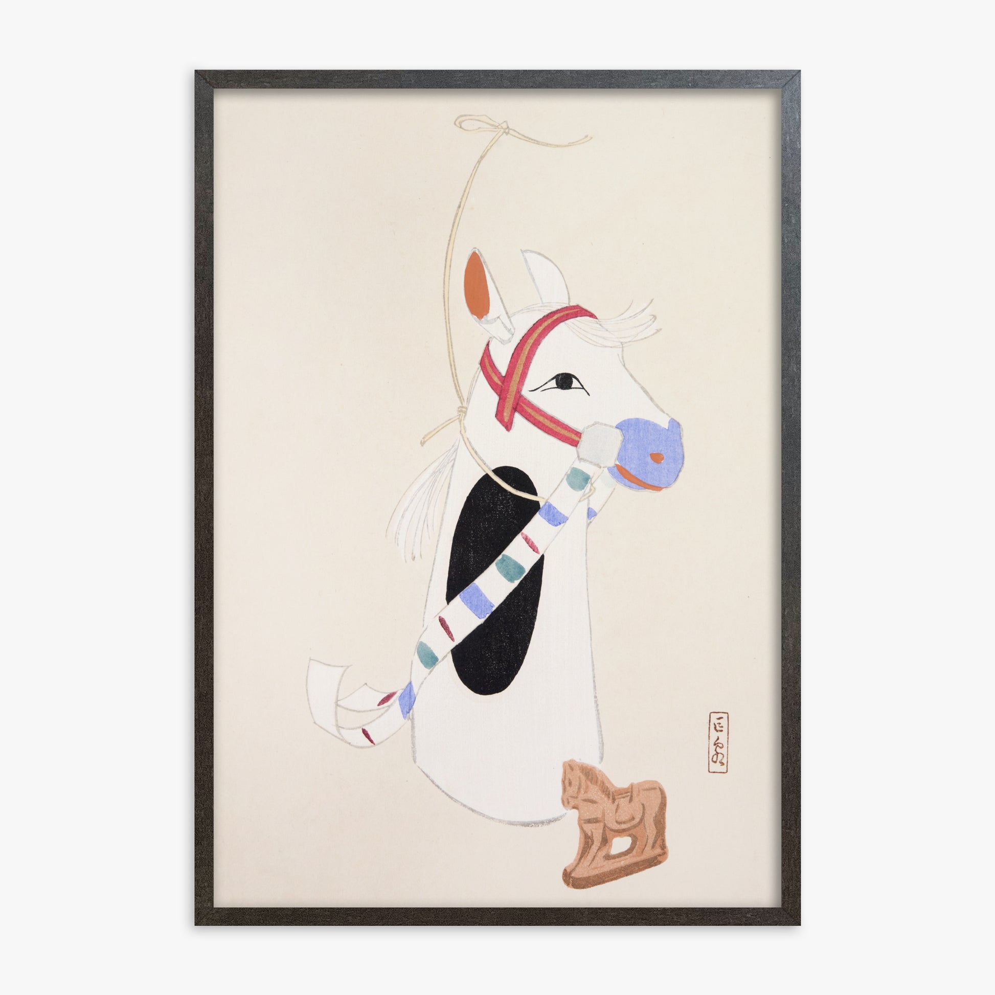 Kawasaki Kyosen: Kyosen’s Collected Illustrations of Japanese Toys Nr. 48 ("Ornate Equine Folklore"), 70x100cm Framed Art Reproduction With Espresso Frame