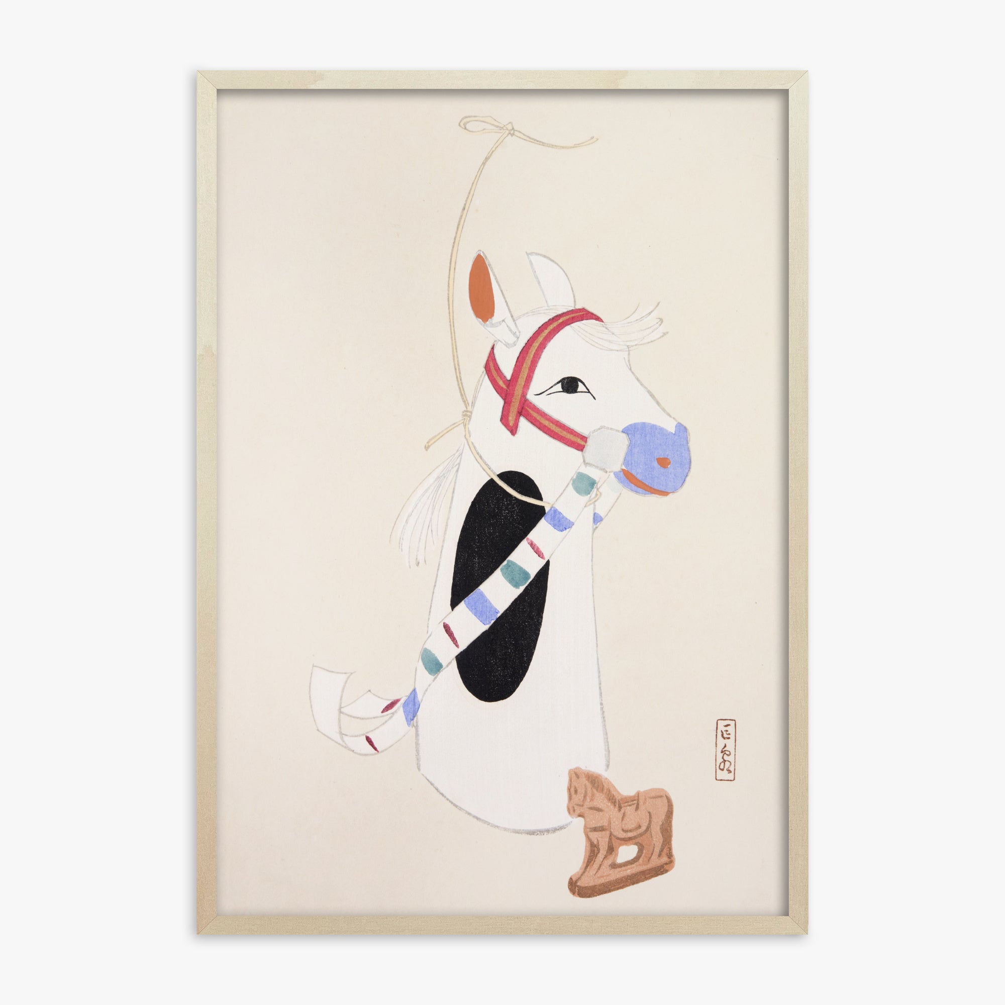 Kawasaki Kyosen: Kyosen’s Collected Illustrations of Japanese Toys Nr. 48 ("Ornate Equine Folklore"), 70x100cm Framed Art Reproduction With Lime Wood Frame
