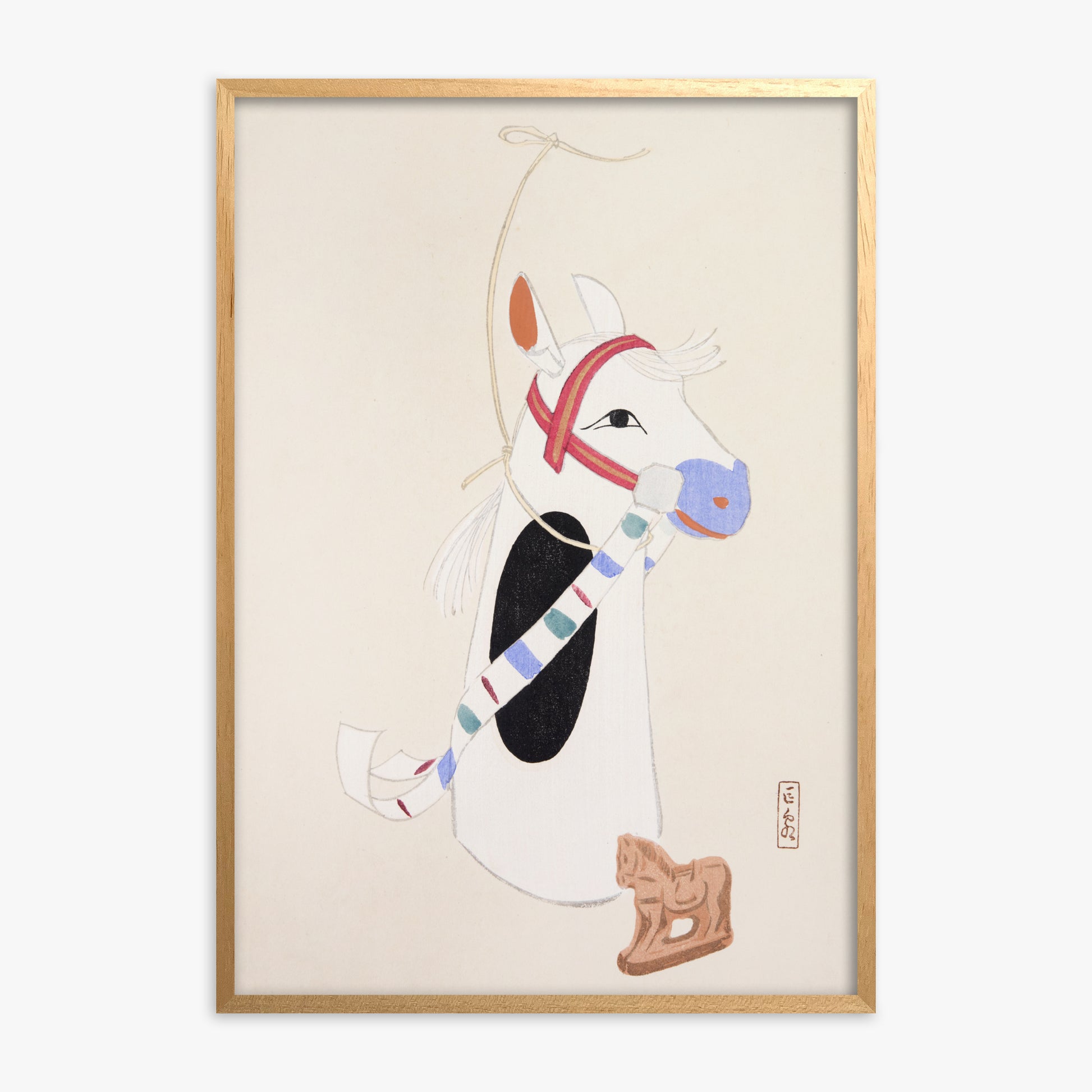 Kawasaki Kyosen: Kyosen’s Collected Illustrations of Japanese Toys Nr. 48 ("Ornate Equine Folklore"), Oak Framed Art Reproduction With Oak Frame