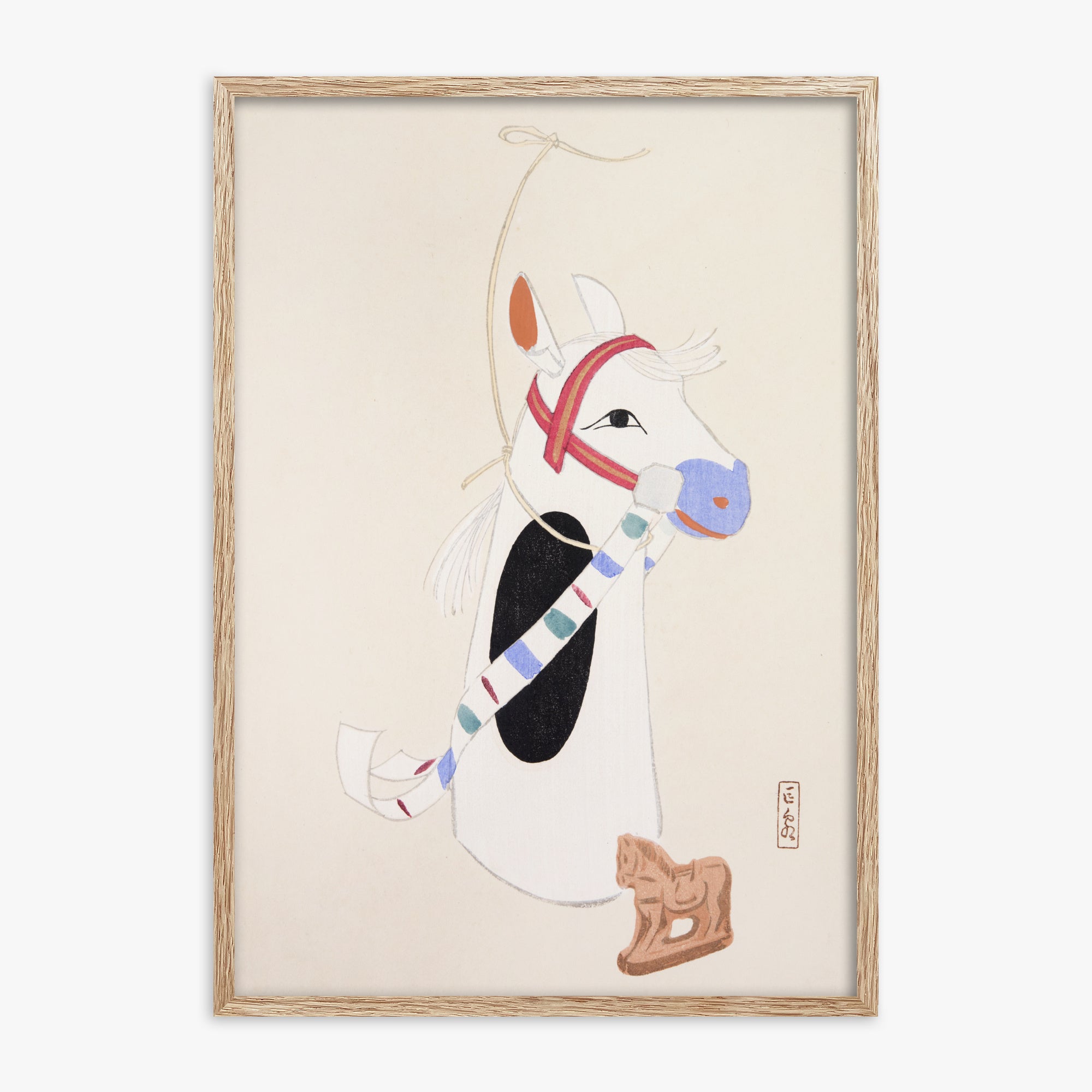 Kawasaki Kyosen: Kyosen’s Collected Illustrations of Japanese Toys Nr. 48 ("Ornate Equine Folklore"), 70x100cm Framed Art Reproduction With Raw Oak Frame