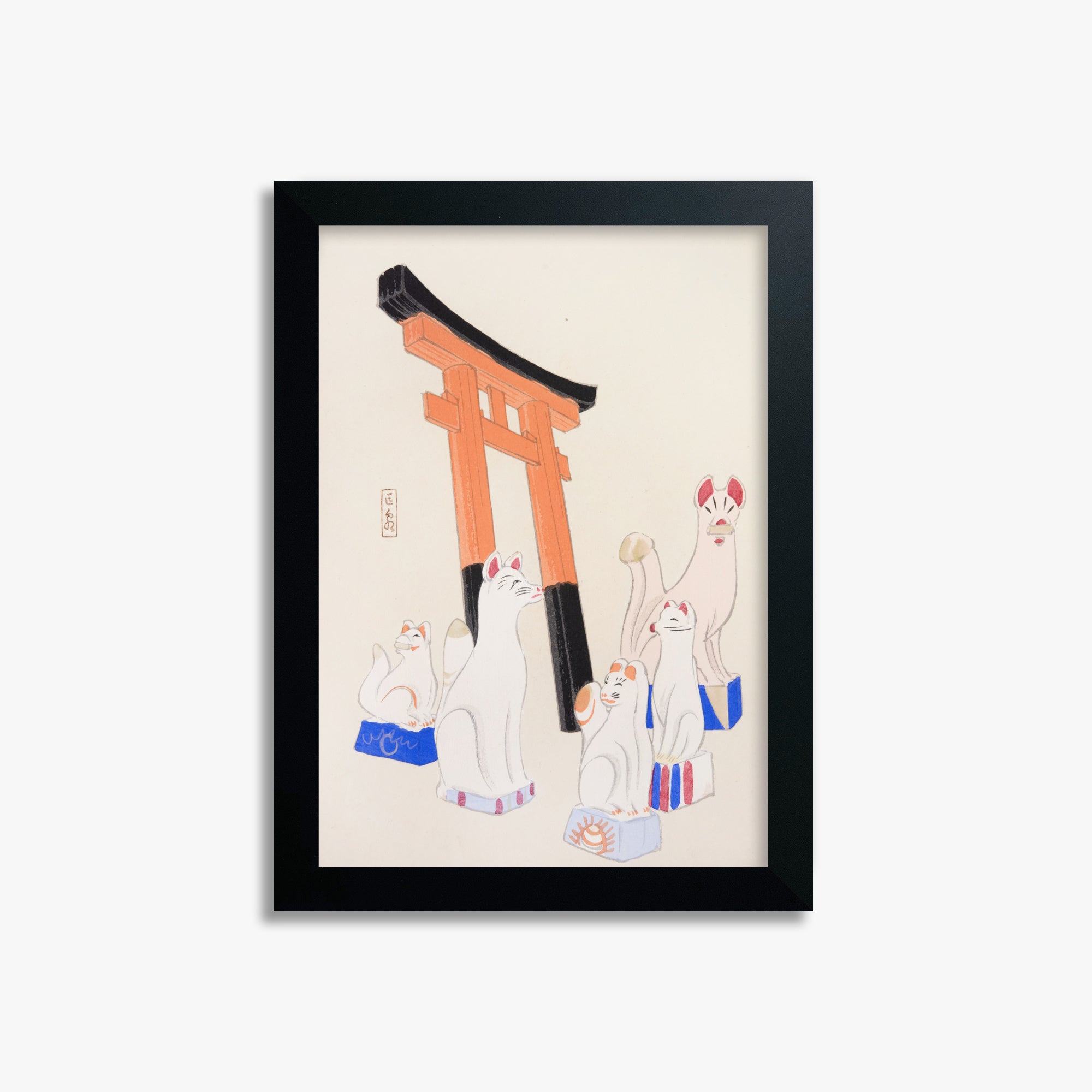 Kawasaki Kyosen: Kyosen’s Collected Illustrations of Japanese Toys Nr. 49 ("Guardian Foxes of Torii Gate"), 21x30cm Framed Art Reproduction With Black Frame