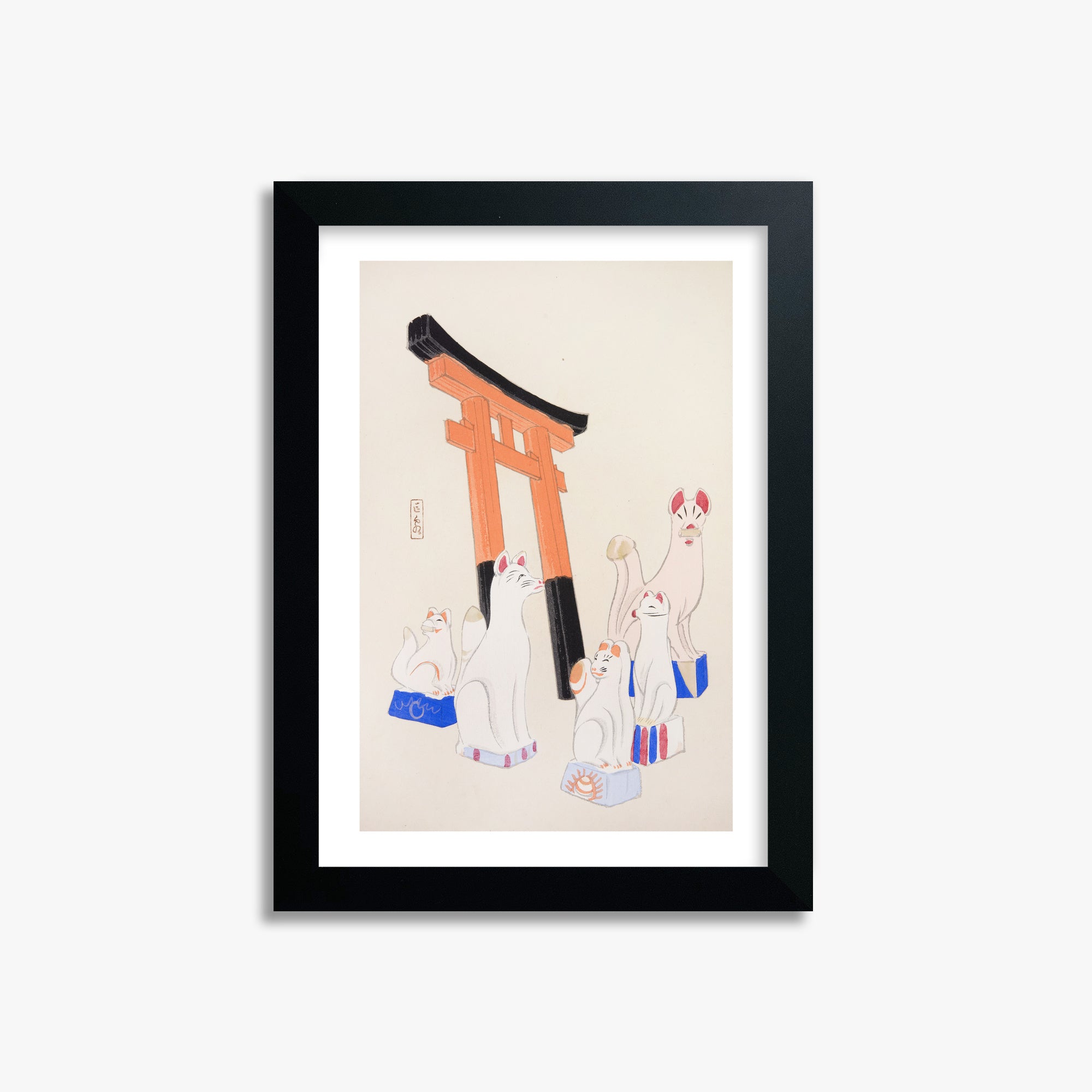 Kawasaki Kyosen: Kyosen’s Collected Illustrations of Japanese Toys Nr. 49 ("Guardian Foxes of Torii Gate"), 21x30cm Framed Art Reproduction With Black Frame