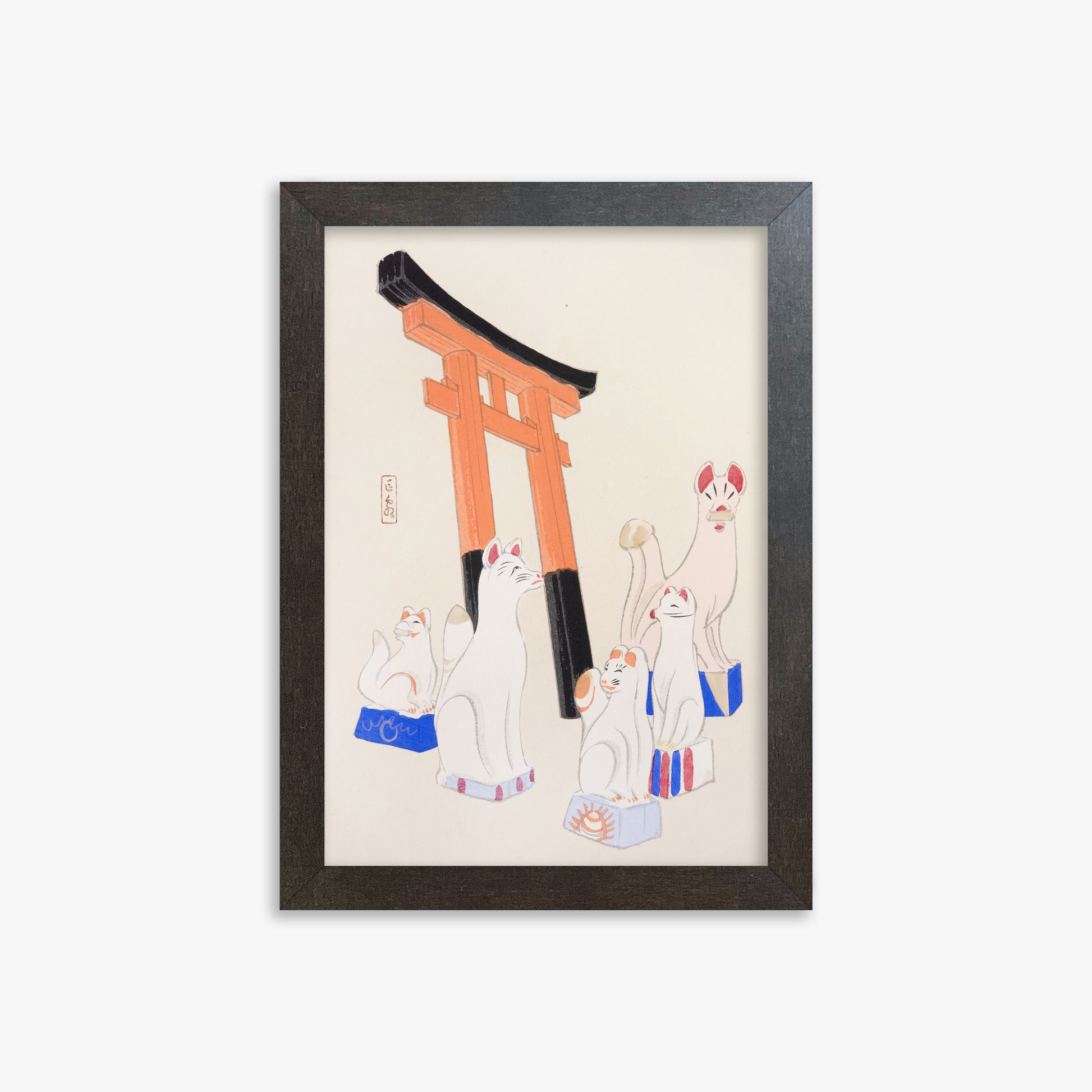 Kawasaki Kyosen: Kyosen’s Collected Illustrations of Japanese Toys Nr. 49 ("Guardian Foxes of Torii Gate"), 21x30cm Framed Art Reproduction With Espresso Frame