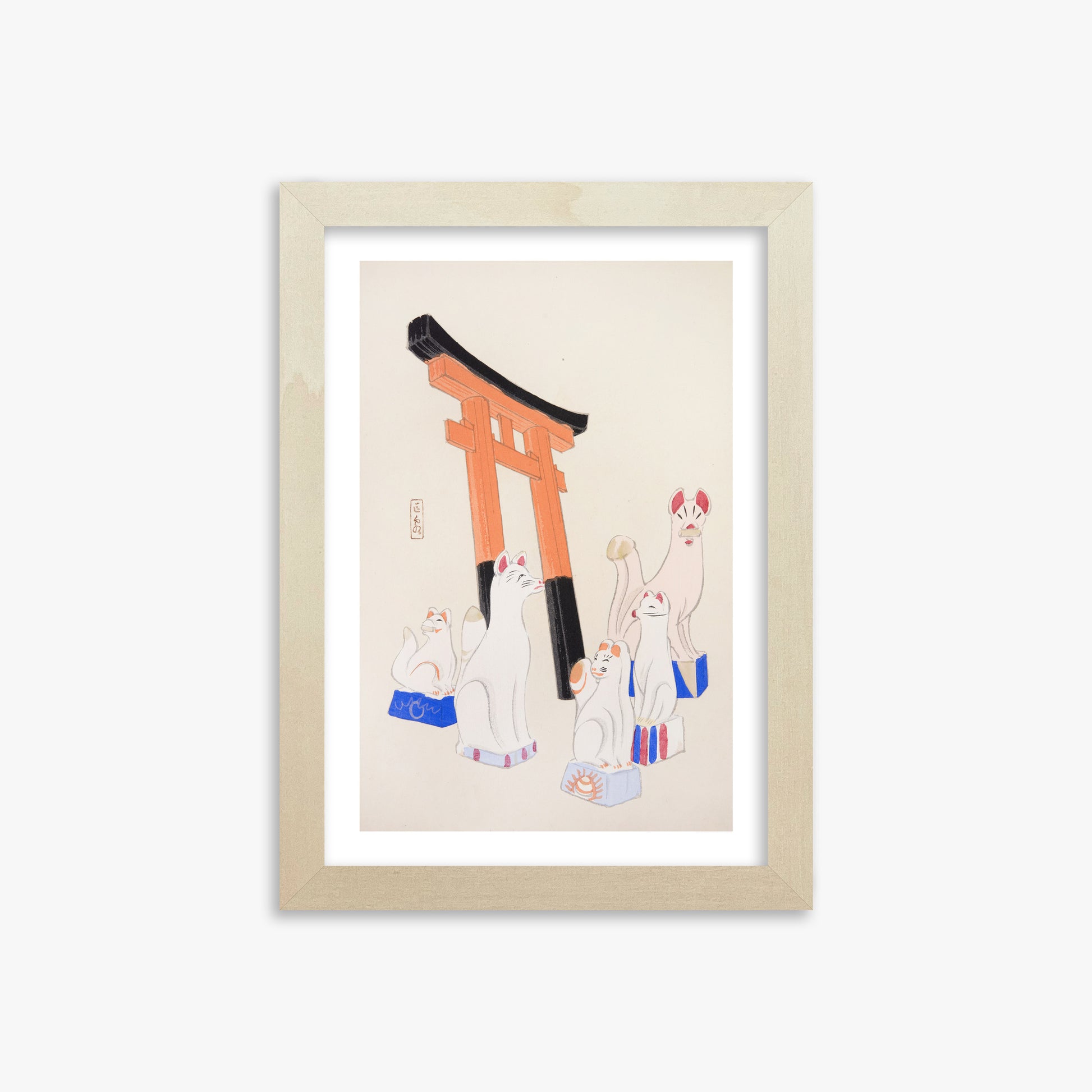 Kawasaki Kyosen: Kyosen’s Collected Illustrations of Japanese Toys Nr. 49 ("Guardian Foxes of Torii Gate"), 21x30cm Framed Art Reproduction With Lime Wood Frame