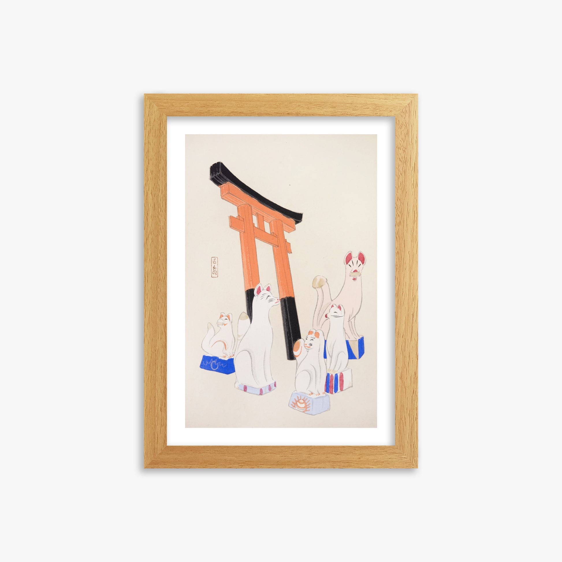 Kawasaki Kyosen: Kyosen’s Collected Illustrations of Japanese Toys Nr. 49 ("Guardian Foxes of Torii Gate"), 21x30cm Framed Art Reproduction With Oak Frame