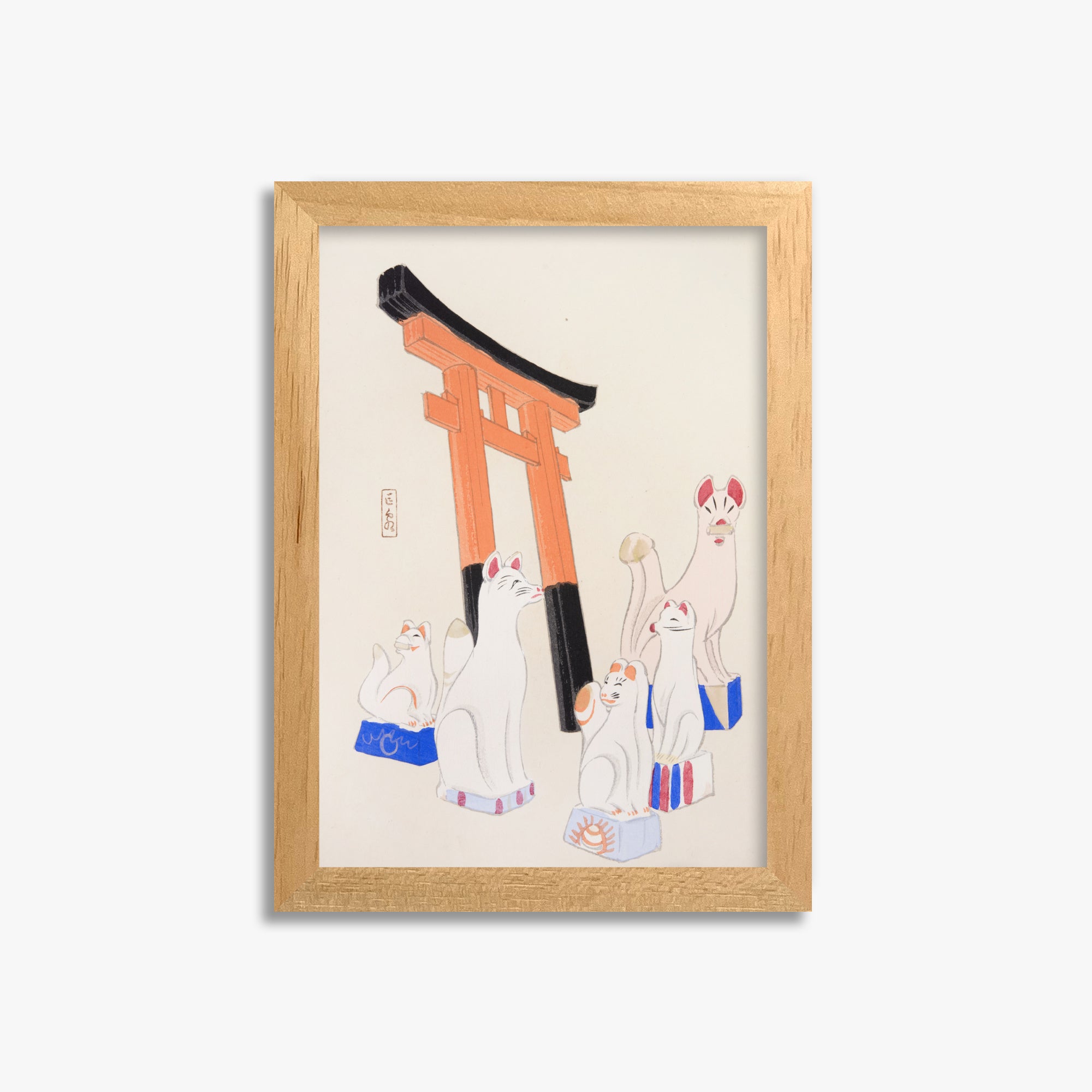 Kawasaki Kyosen: Kyosen’s Collected Illustrations of Japanese Toys Nr. 49 ("Guardian Foxes of Torii Gate"), 21x30cm Framed Art Reproduction With Oak Frame