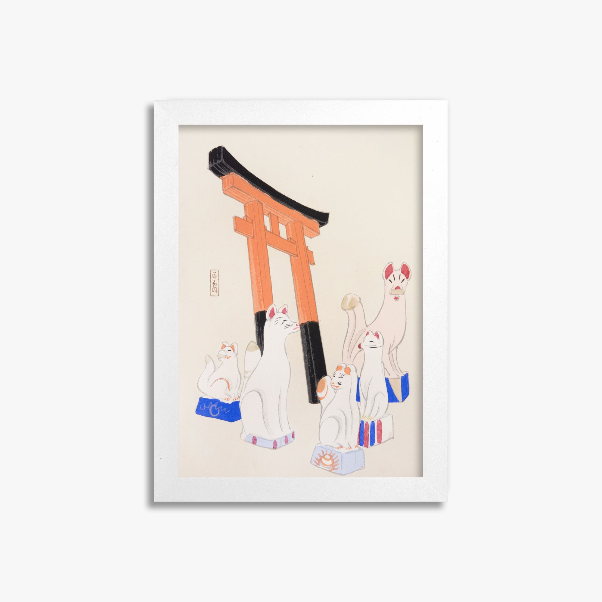 Kawasaki Kyosen: Kyosen’s Collected Illustrations of Japanese Toys Nr. 49 ("Guardian Foxes of Torii Gate"), 21x30cm Framed Art Reproduction With White Frame