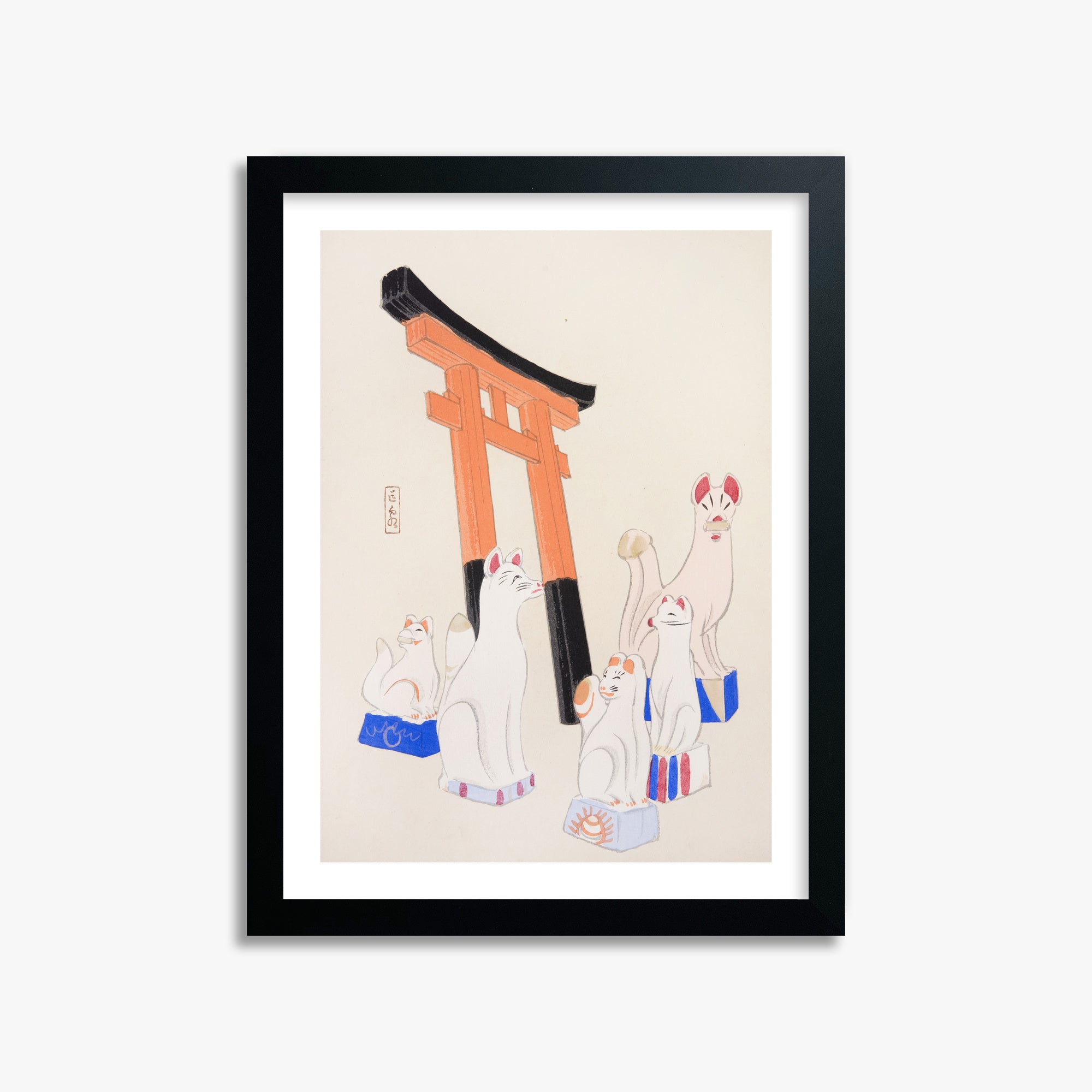 Kawasaki Kyosen: Kyosen’s Collected Illustrations of Japanese Toys Nr. 49 ("Guardian Foxes of Torii Gate"), 30x40cm Framed Art Reproduction With Black Frame