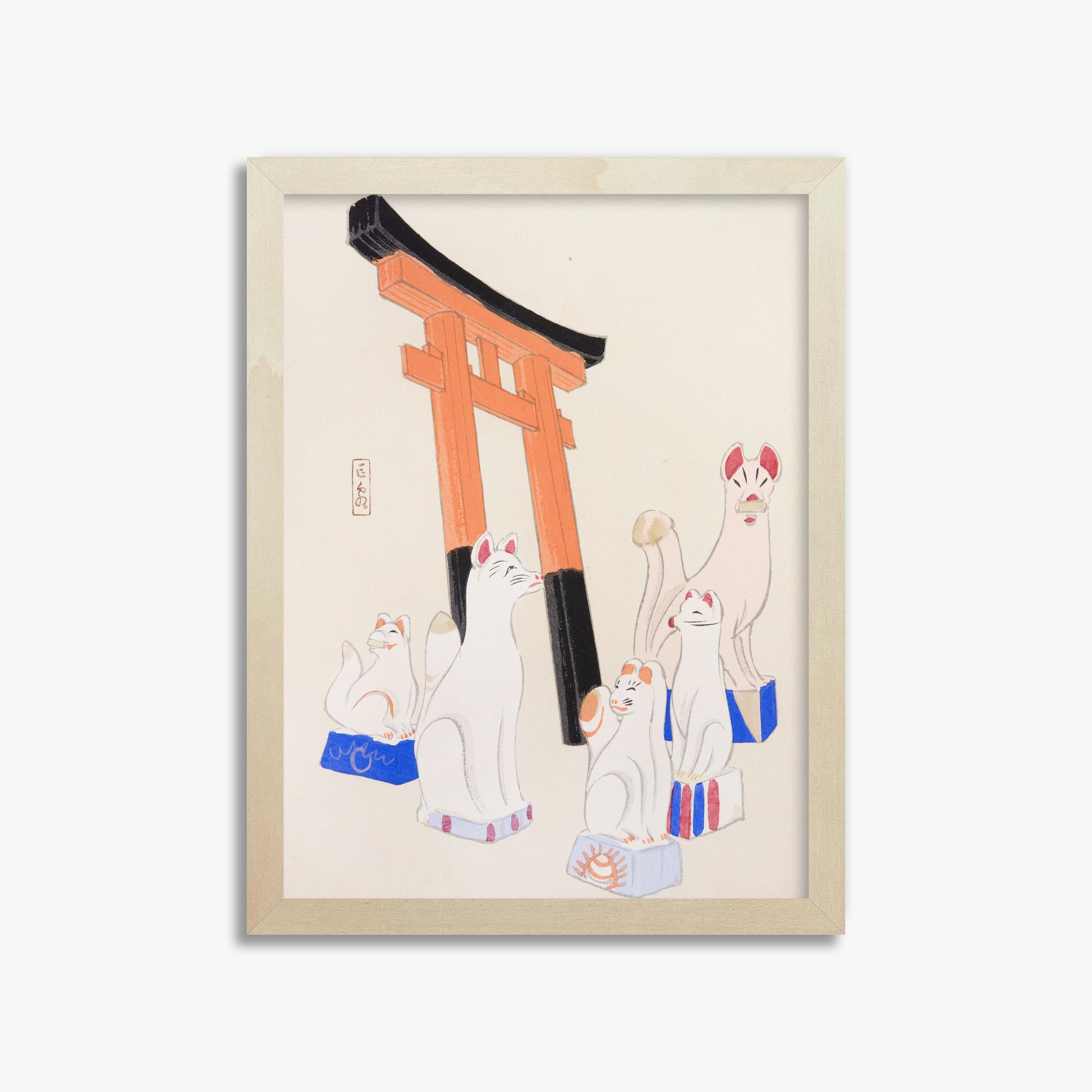 Kawasaki Kyosen: Kyosen’s Collected Illustrations of Japanese Toys Nr. 49 ("Guardian Foxes of Torii Gate"), 30x40cm Framed Art Reproduction With Lime Wood Frame