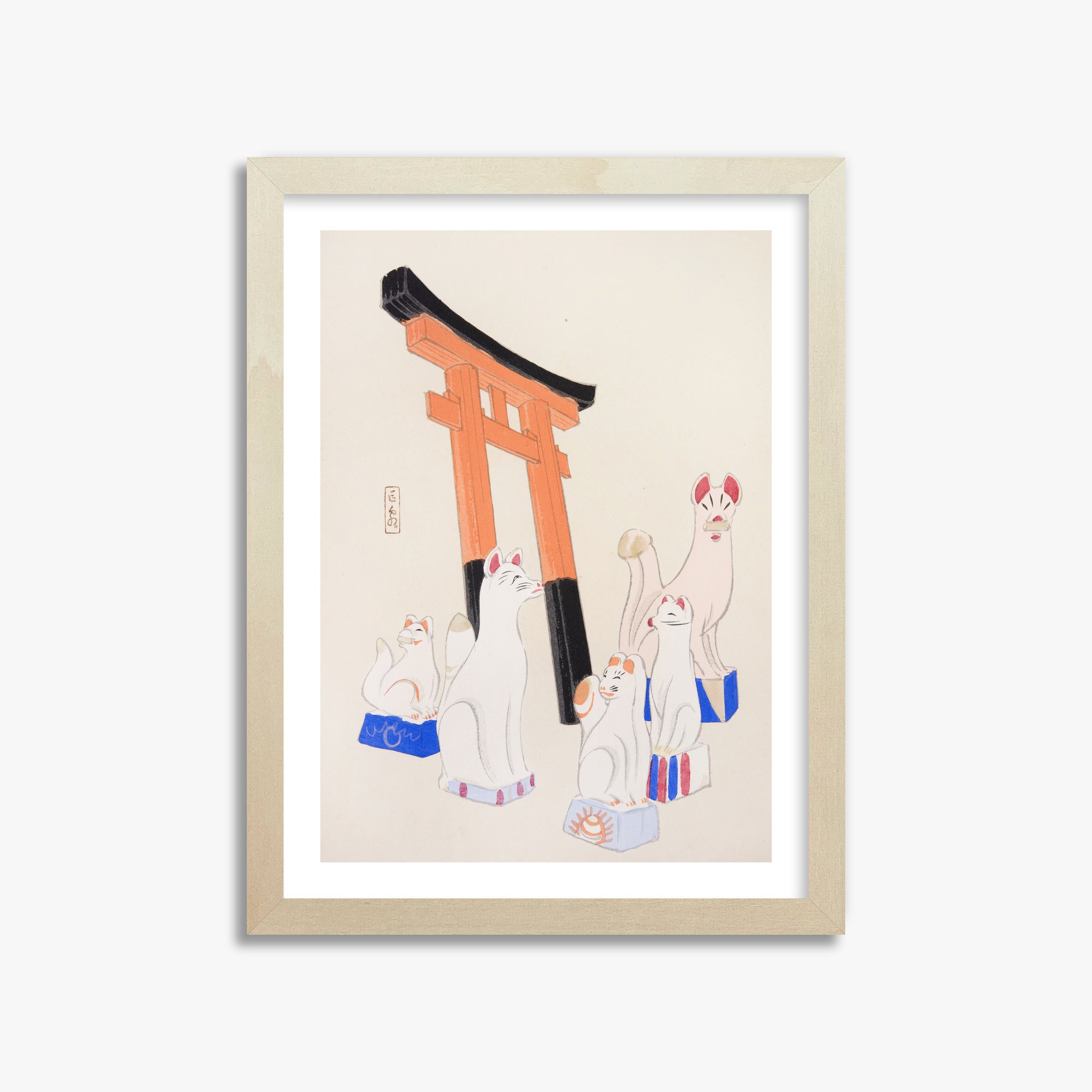 Kawasaki Kyosen: Kyosen’s Collected Illustrations of Japanese Toys Nr. 49 ("Guardian Foxes of Torii Gate"), 30x40cm Framed Art Reproduction With Lime Wood Frame