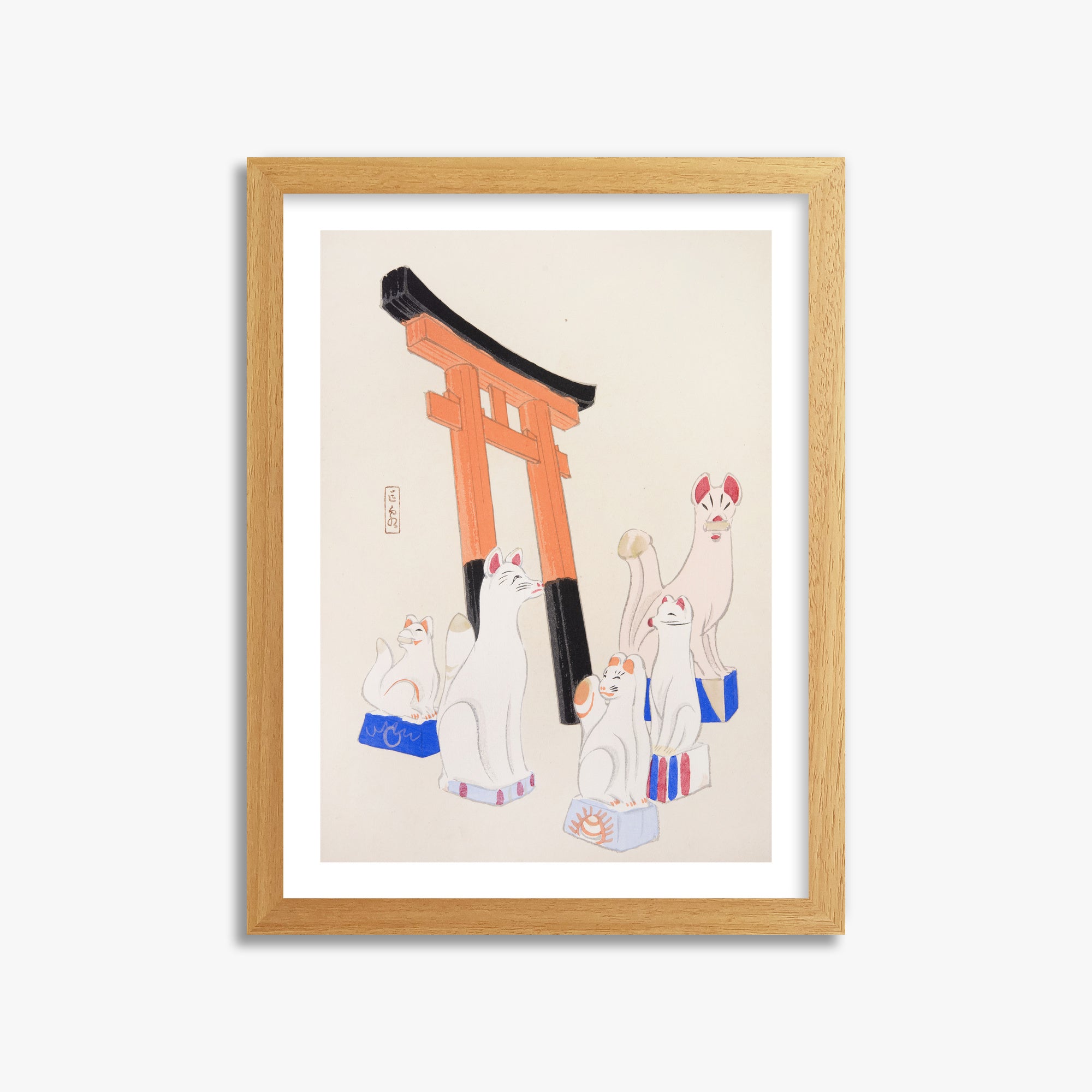 Kawasaki Kyosen: Kyosen’s Collected Illustrations of Japanese Toys Nr. 49 ("Guardian Foxes of Torii Gate"), 30x40cm Framed Art Reproduction With Oak Frame