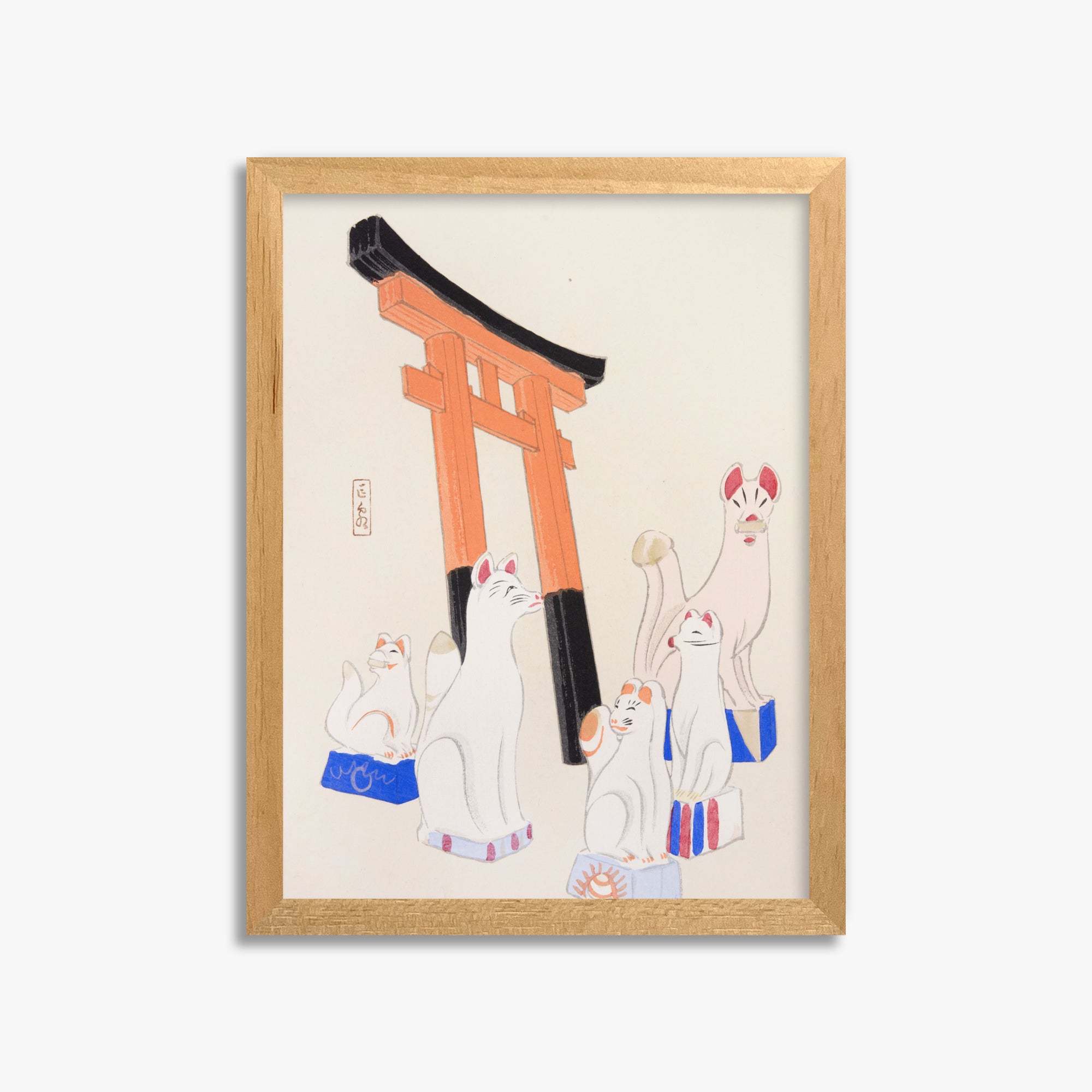 Kawasaki Kyosen: Kyosen’s Collected Illustrations of Japanese Toys Nr. 49 ("Guardian Foxes of Torii Gate"), 30x40cm Framed Art Reproduction With Oak Frame