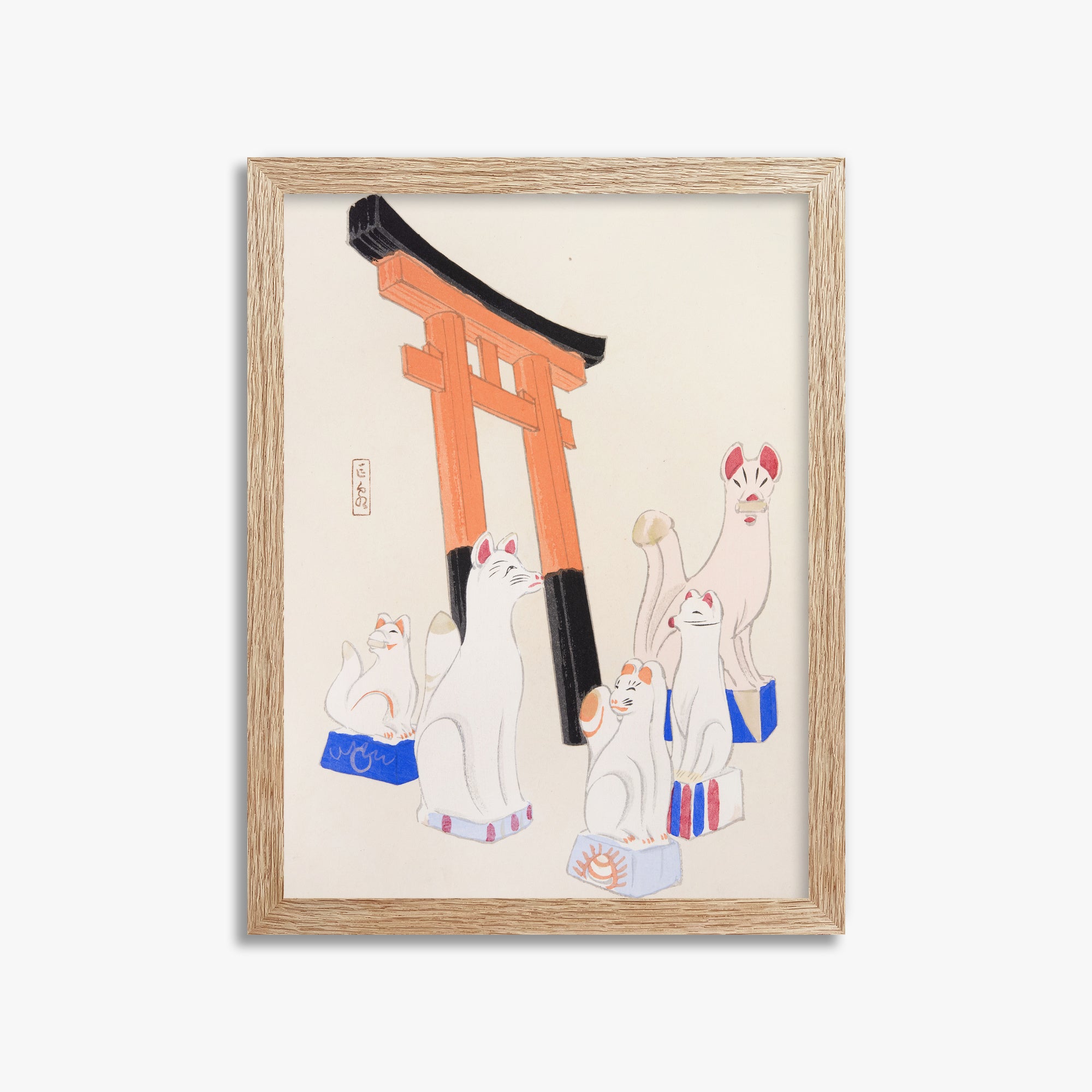 Kawasaki Kyosen: Kyosen’s Collected Illustrations of Japanese Toys Nr. 49 ("Guardian Foxes of Torii Gate"), 30x40cm Framed Art Reproduction With Raw Oak Frame