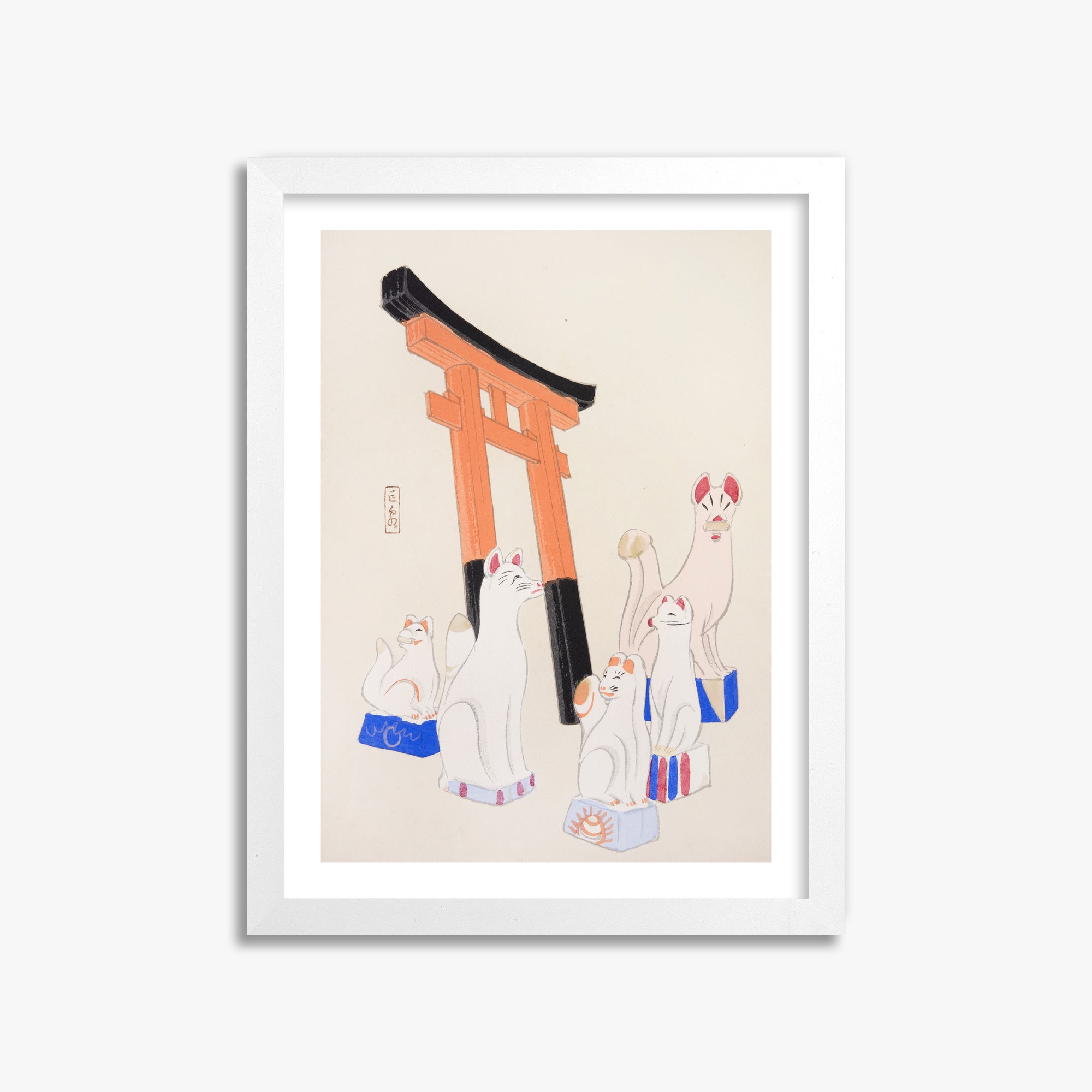 Kawasaki Kyosen: Kyosen’s Collected Illustrations of Japanese Toys Nr. 49 ("Guardian Foxes of Torii Gate"), 30x40cm Framed Art Reproduction With White Frame