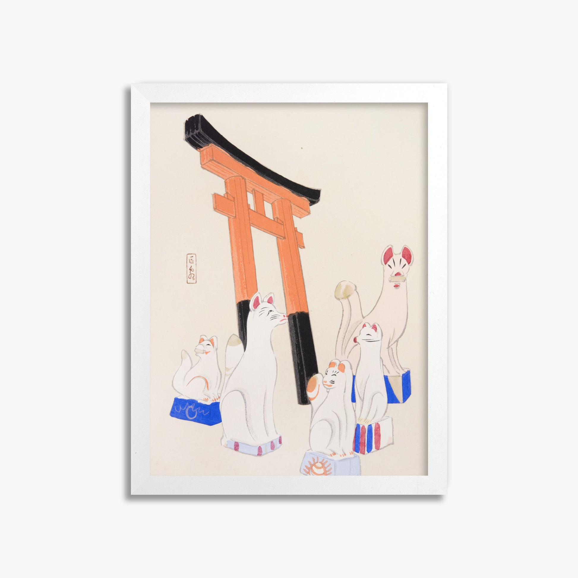 Kawasaki Kyosen: Kyosen’s Collected Illustrations of Japanese Toys Nr. 49 ("Guardian Foxes of Torii Gate"), 30x40cm Framed Art Reproduction With White Frame