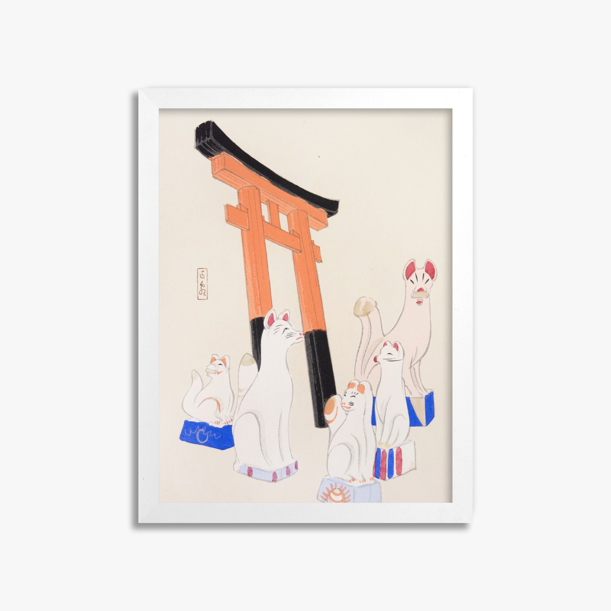 Kawasaki Kyosen: Kyosen’s Collected Illustrations of Japanese Toys Nr. 49 ("Guardian Foxes of Torii Gate"), 30x40cm Framed Art Reproduction With White Frame